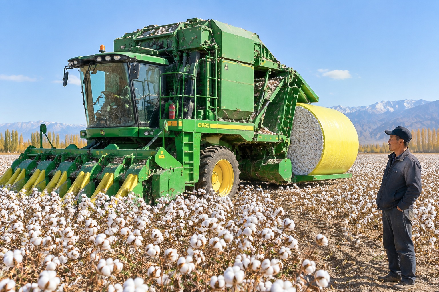 Cotton harvester working in a field in Xinjiang, packing cotton into a round module