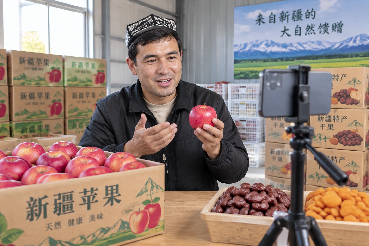 Farmer livestreaming to sell apples and dried fruit from a warehouse in Xinjiang