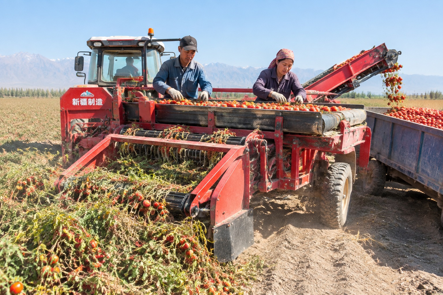 From Vine to Tomato Paste: 24 Hours of Mechanical Harvest in Xinjiang 22 A mechanical tomato harvester moving through a field in Xinjiang, with workers sorting tomatoes on a conveyor.