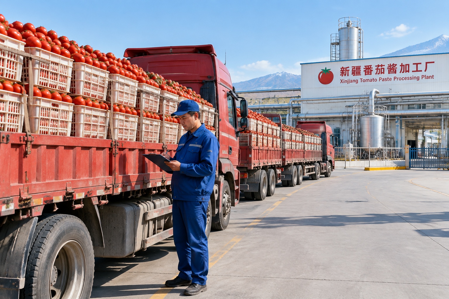 From Vine to Tomato Paste: 24 Hours of Mechanical Harvest in Xinjiang 23 Trucks loaded with fresh tomatoes waiting in line at a tomato paste processing plant in Xinjiang.