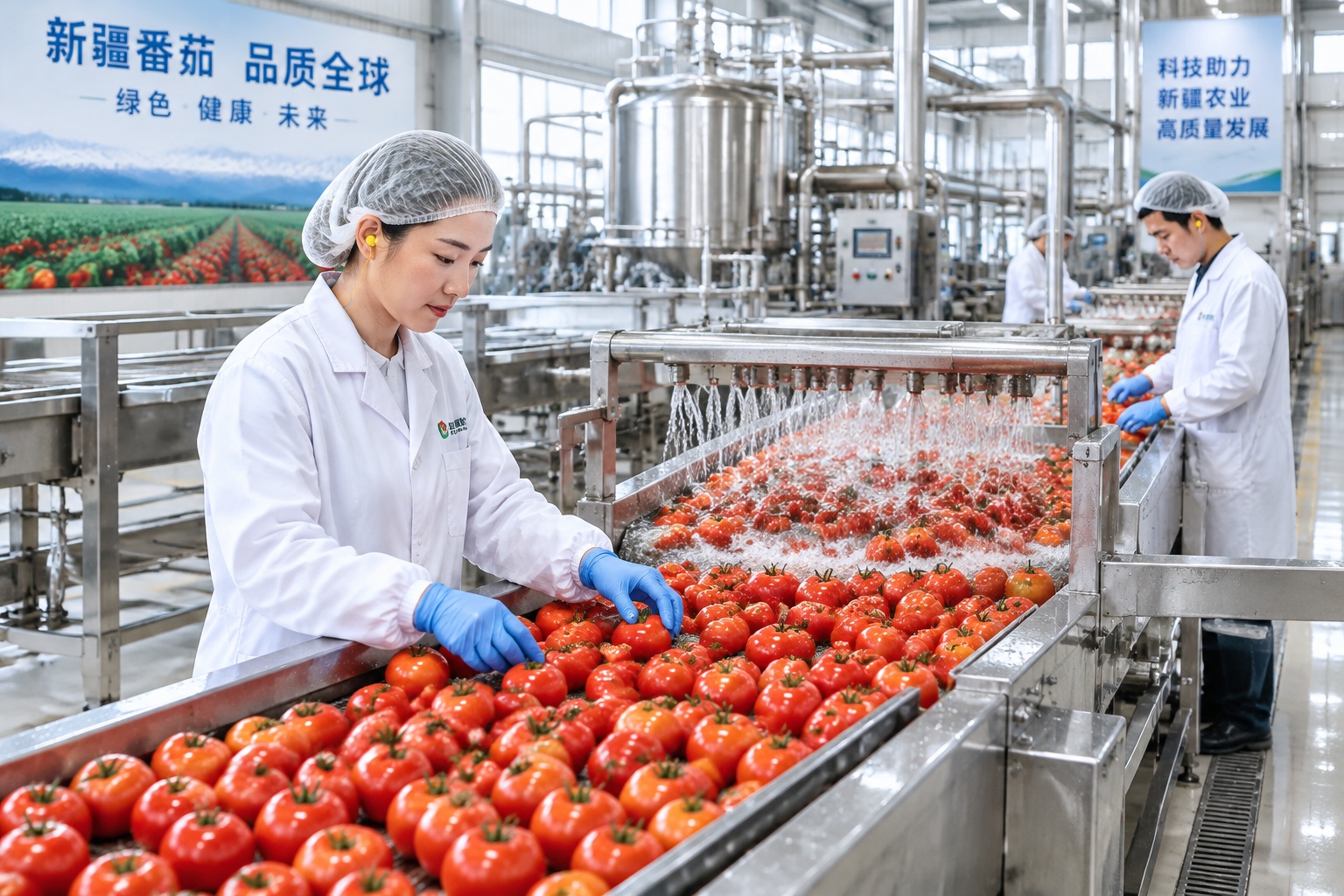 From Vine to Tomato Paste: 24 Hours of Mechanical Harvest in Xinjiang 24 Workers in white coats monitoring a stainless steel tomato processing line at a factory in Xinjiang.