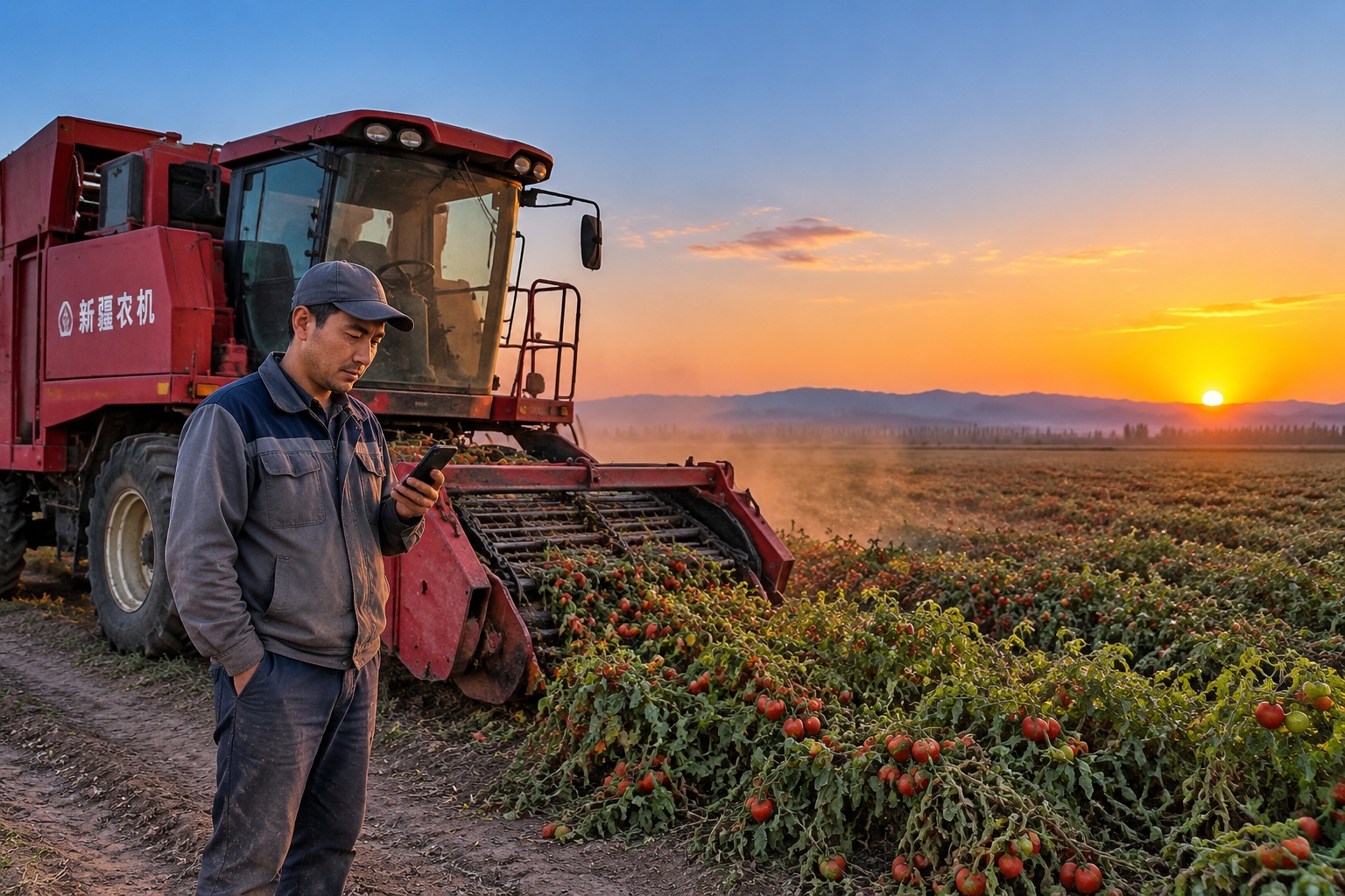 From Vine to Tomato Paste: 24 Hours of Mechanical Harvest in Xinjiang 25 A driver standing beside a parked tomato harvester at dusk in a Xinjiang field.
