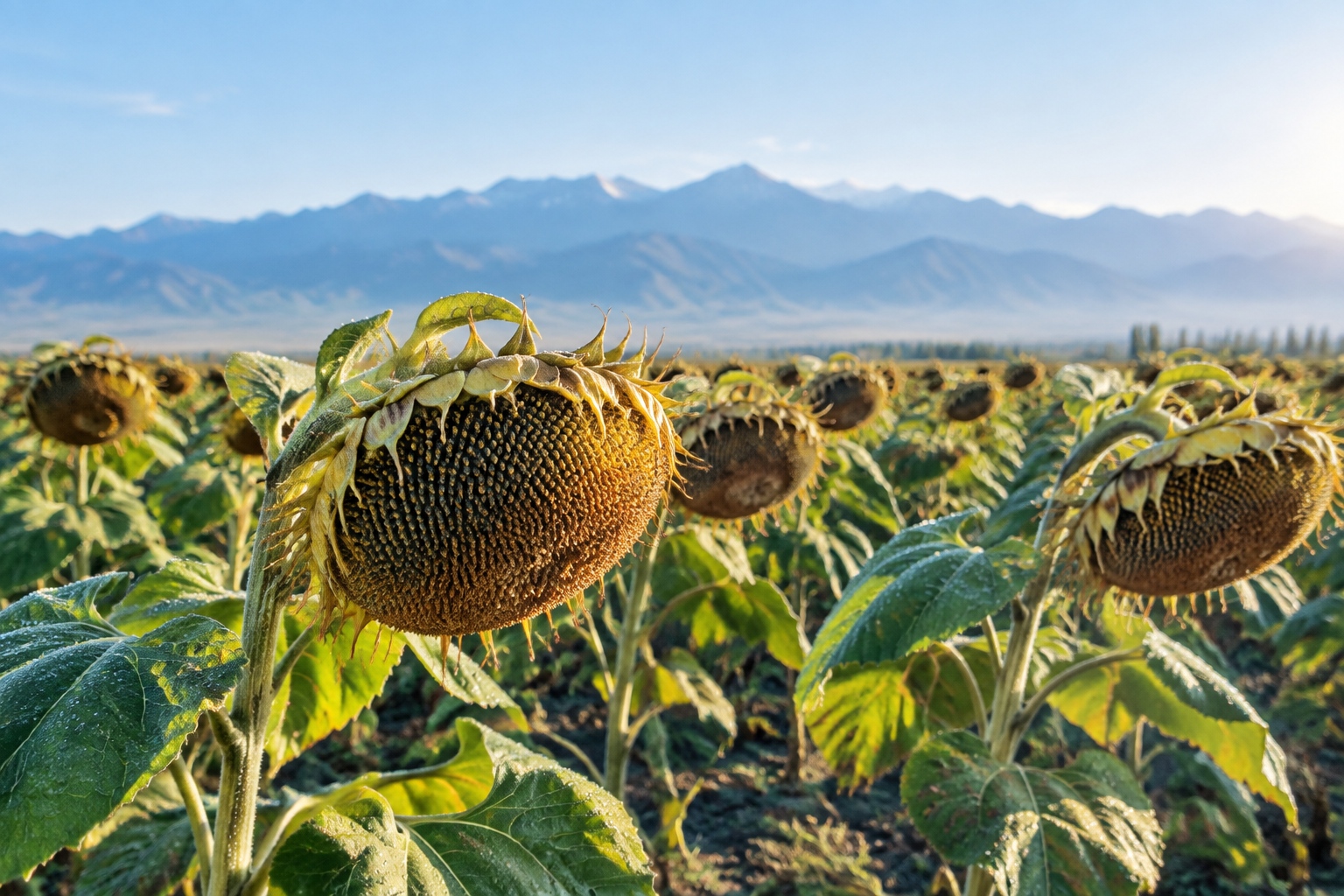 Ripe sunflower heads drooping in an early morning field in northern Xinjiang, brown discs with seeds visible and yellow petals gone