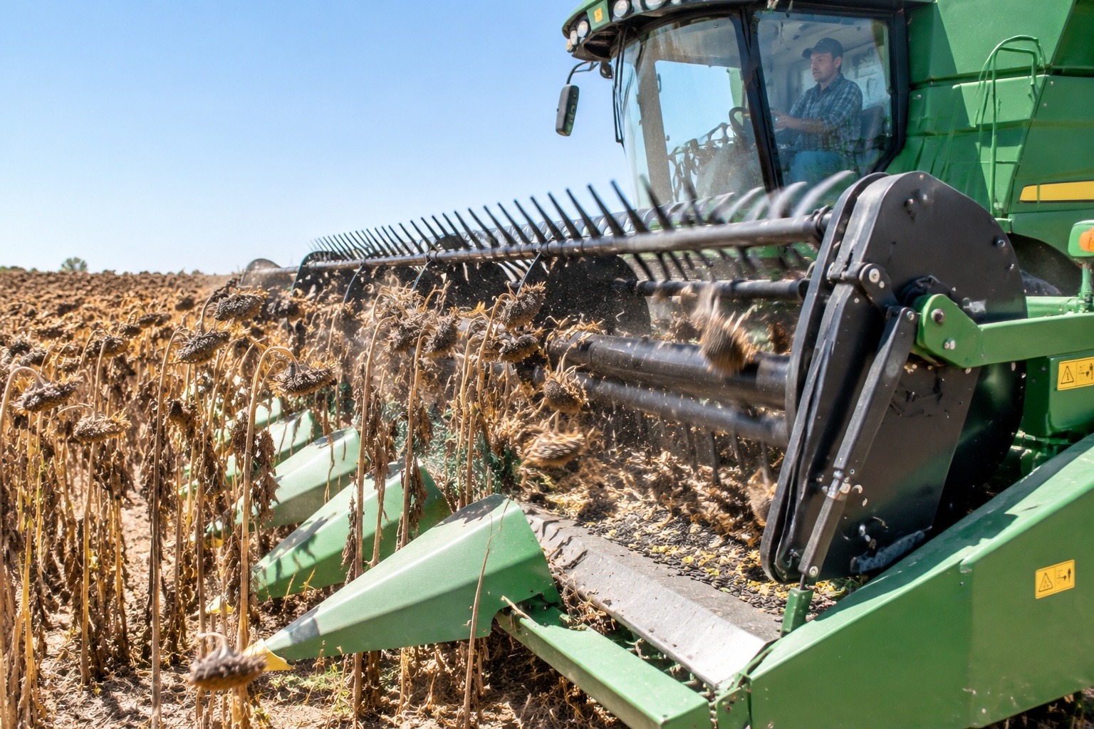 Close-up of a combine harvester header sweeping ripe sunflower heads onto the pan while cutting through a field