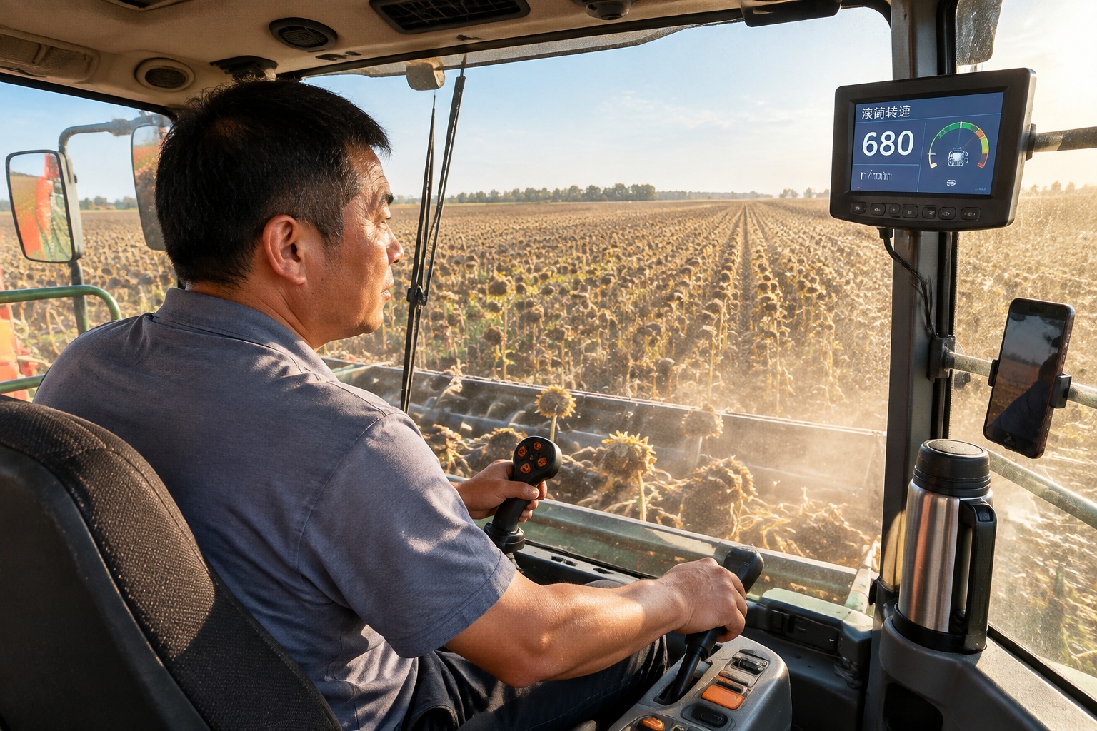A combine harvester driver in his cab watching a monitor while cutting sunflower rows in Xinjiang