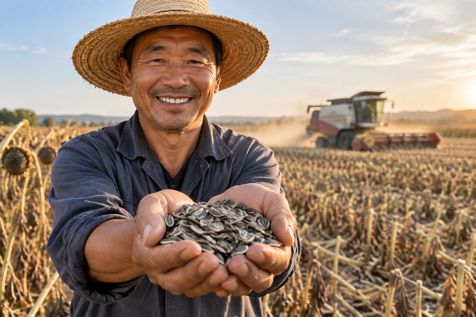 Two hands holding a handful of striped sunflower seeds in front of stubble and a distant harvester in Xinjiang