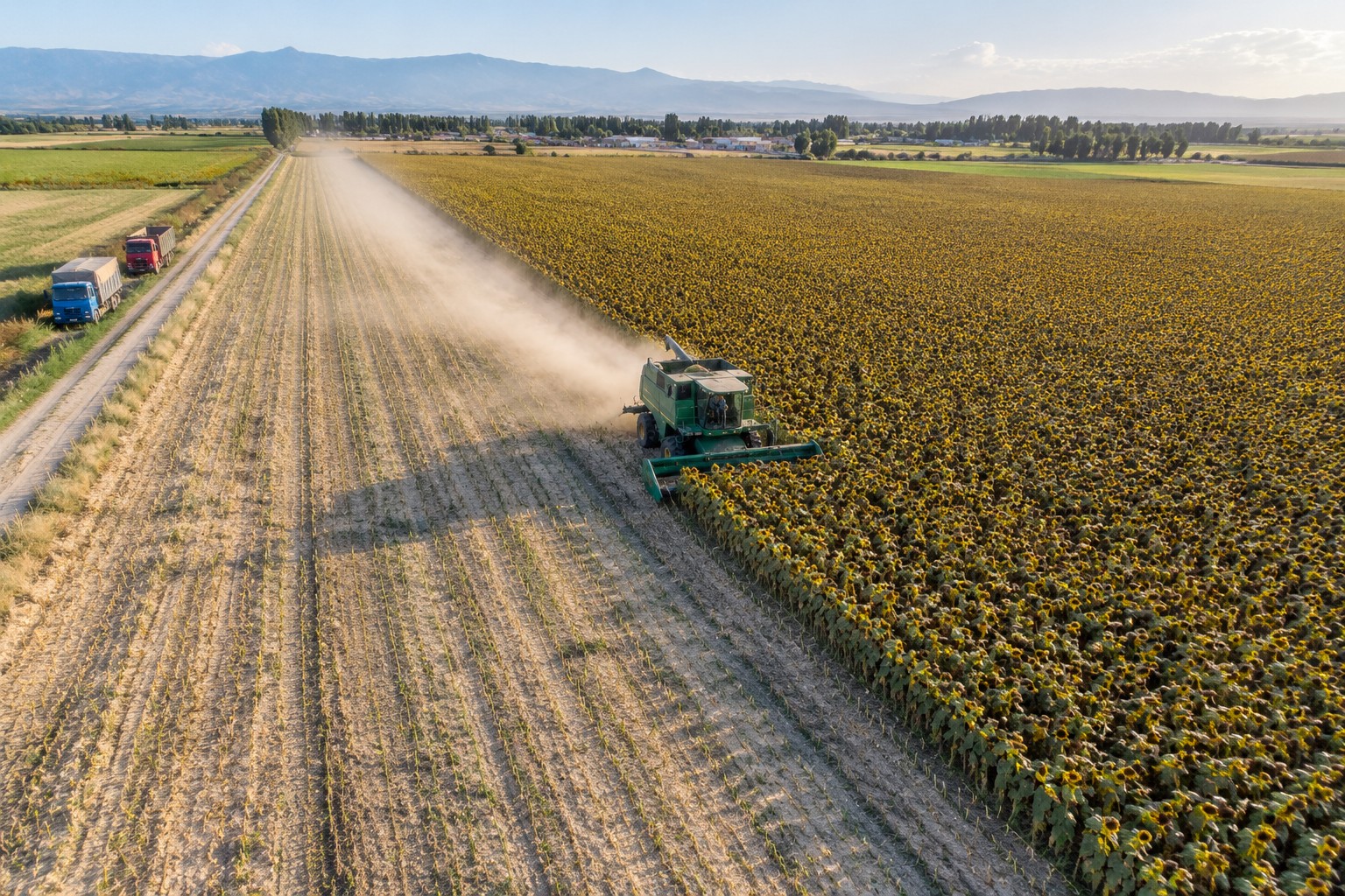 Aerial view of a half-cut sunflower field in Xinjiang, stubble on one side and standing brown heads on the other, with a combine and dust trail