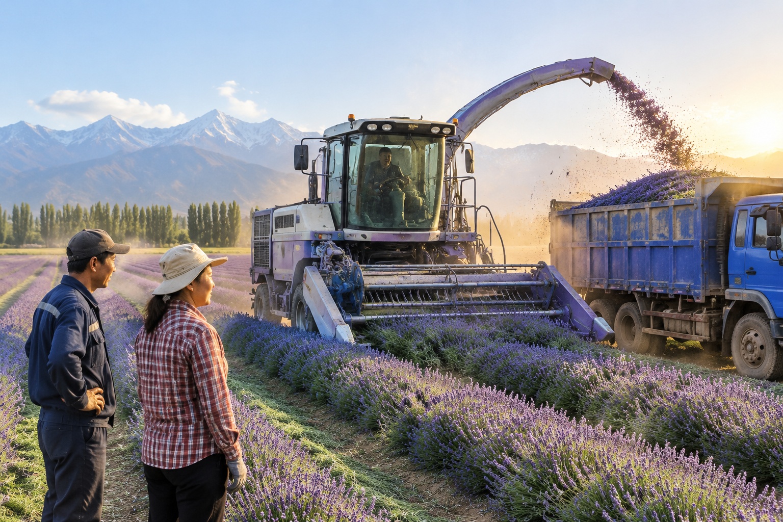 Ili Lavender Isn't Just for Photos: Where Does It Go After Harvest? 22 A mechanical harvester cutting lavender rows in Huocheng County, Xinjiang, and blowing the flowers into a truck at sunrise