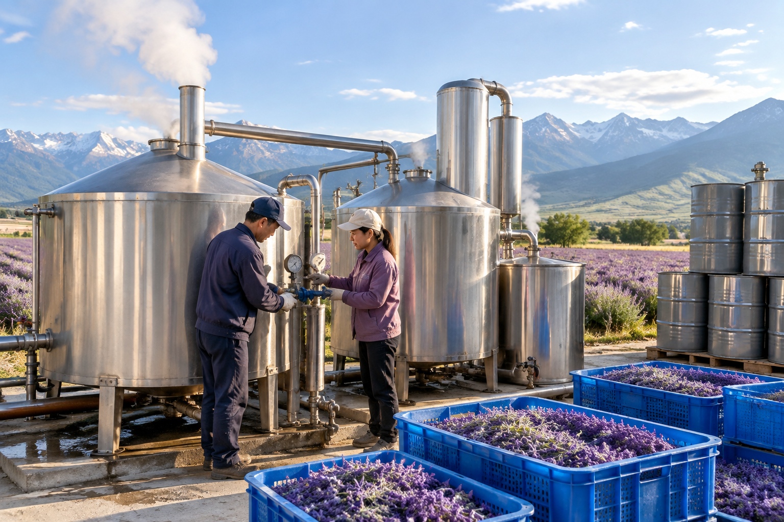 Ili Lavender Isn't Just for Photos: Where Does It Go After Harvest? 23 Steam distillation tanks, crates of fresh lavender and steel oil drums in a farmyard distillery in Xinjiang
