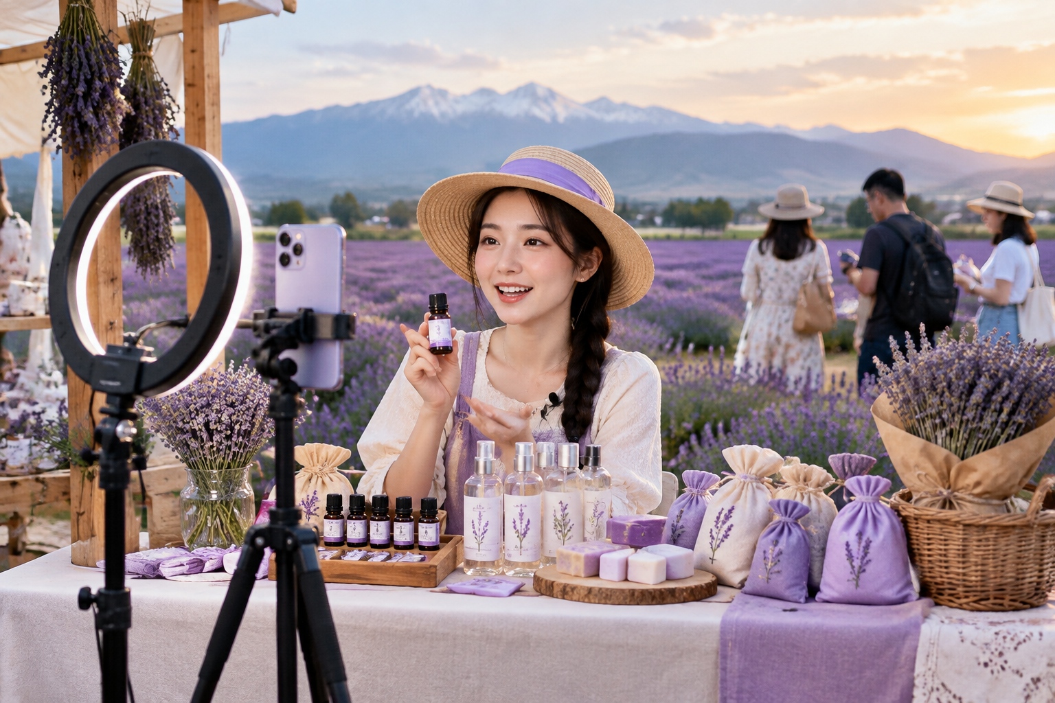 Ili Lavender Isn't Just for Photos: Where Does It Go After Harvest? 24 A young vendor livestreaming lavender essential oil, dried bouquets and soap from a stall beside a lavender field in Xinjiang
