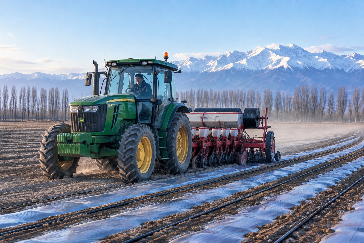 500 Mu, One Phone: A Day in the Life of a Xinjiang Farm Machine Operator 22 A tractor pulling a seeder across a plastic-mulched cotton field in northern Xinjiang at dawn, with snow-capped Tianshan mountains in the background