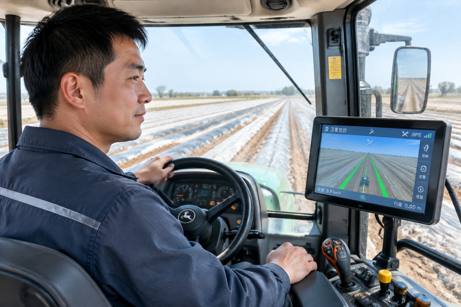 500 Mu, One Phone: A Day in the Life of a Xinjiang Farm Machine Operator 23 Inside a tractor cab, a touchscreen shows a green guidance line from China's Beidou satellite navigation system while the operator monitors seeding