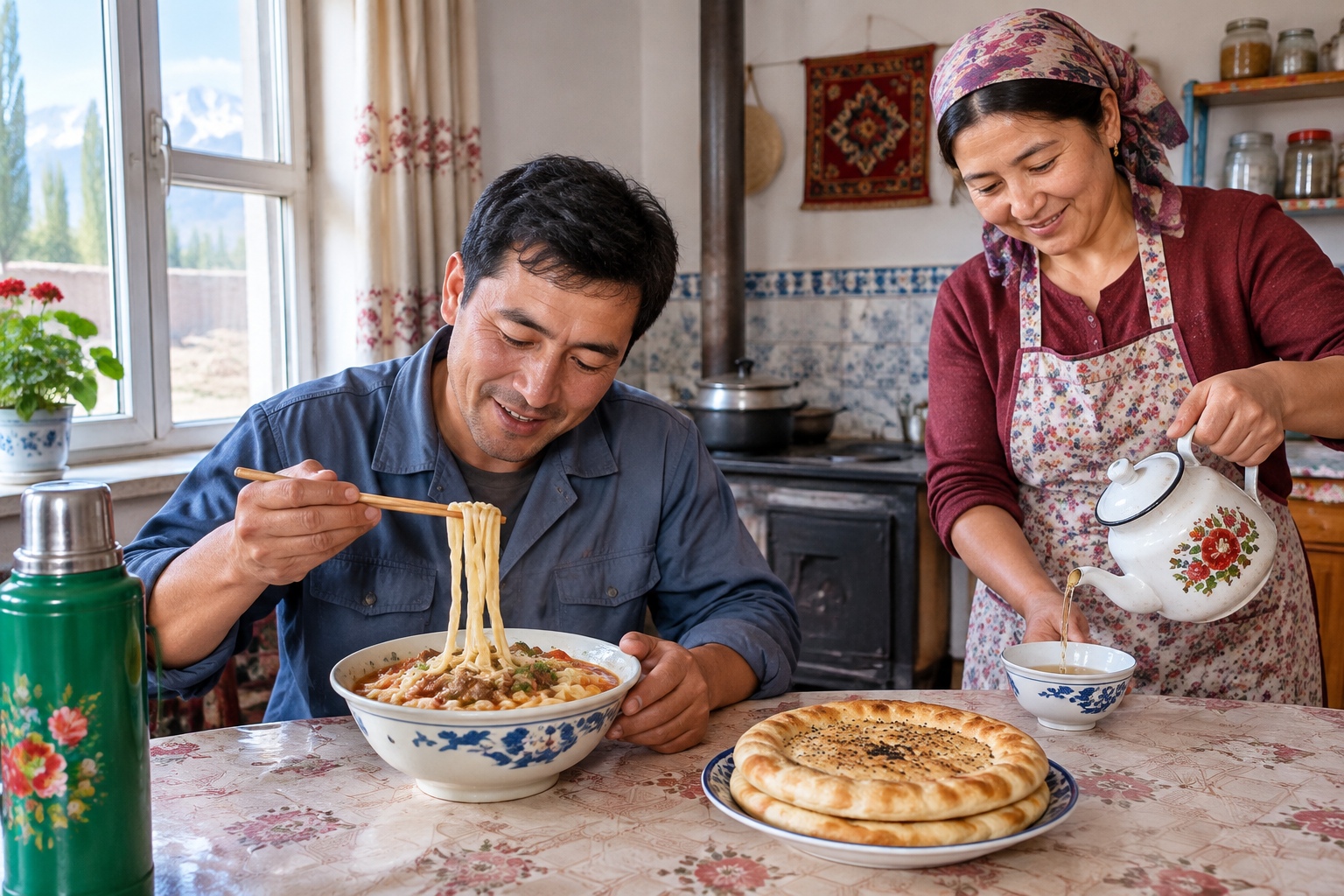 500 Mu, One Phone: A Day in the Life of a Xinjiang Farm Machine Operator 24 A farm machine operator eating hand-pulled noodles at a kitchen table in a village house in Xinjiang while his wife pours tea