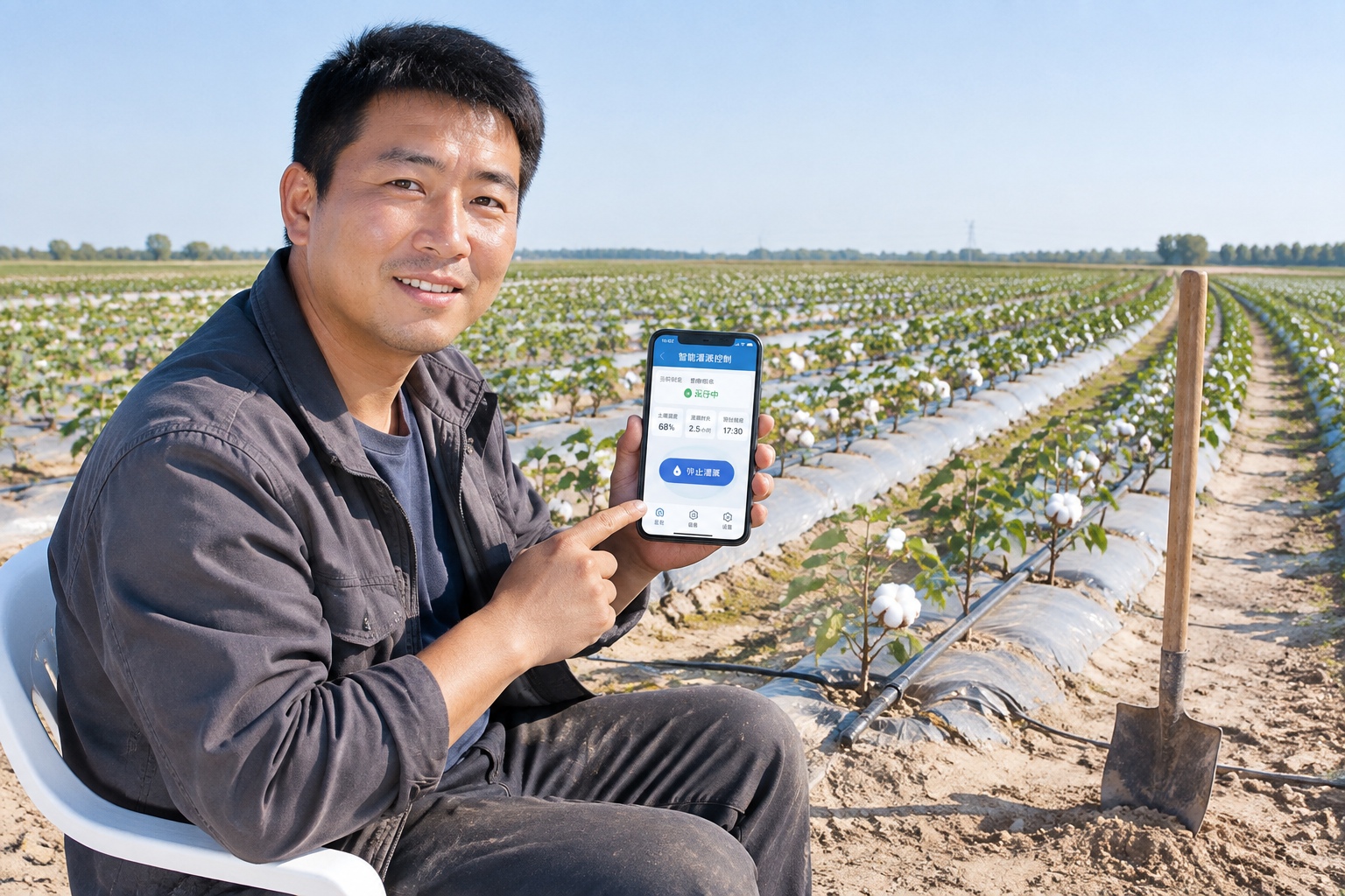 500 Mu, One Phone: A Day in the Life of a Xinjiang Farm Machine Operator 25 A man sitting on a plastic chair at the edge of a field using a smartphone app to open drip irrigation valves for a 500-mu cotton plot