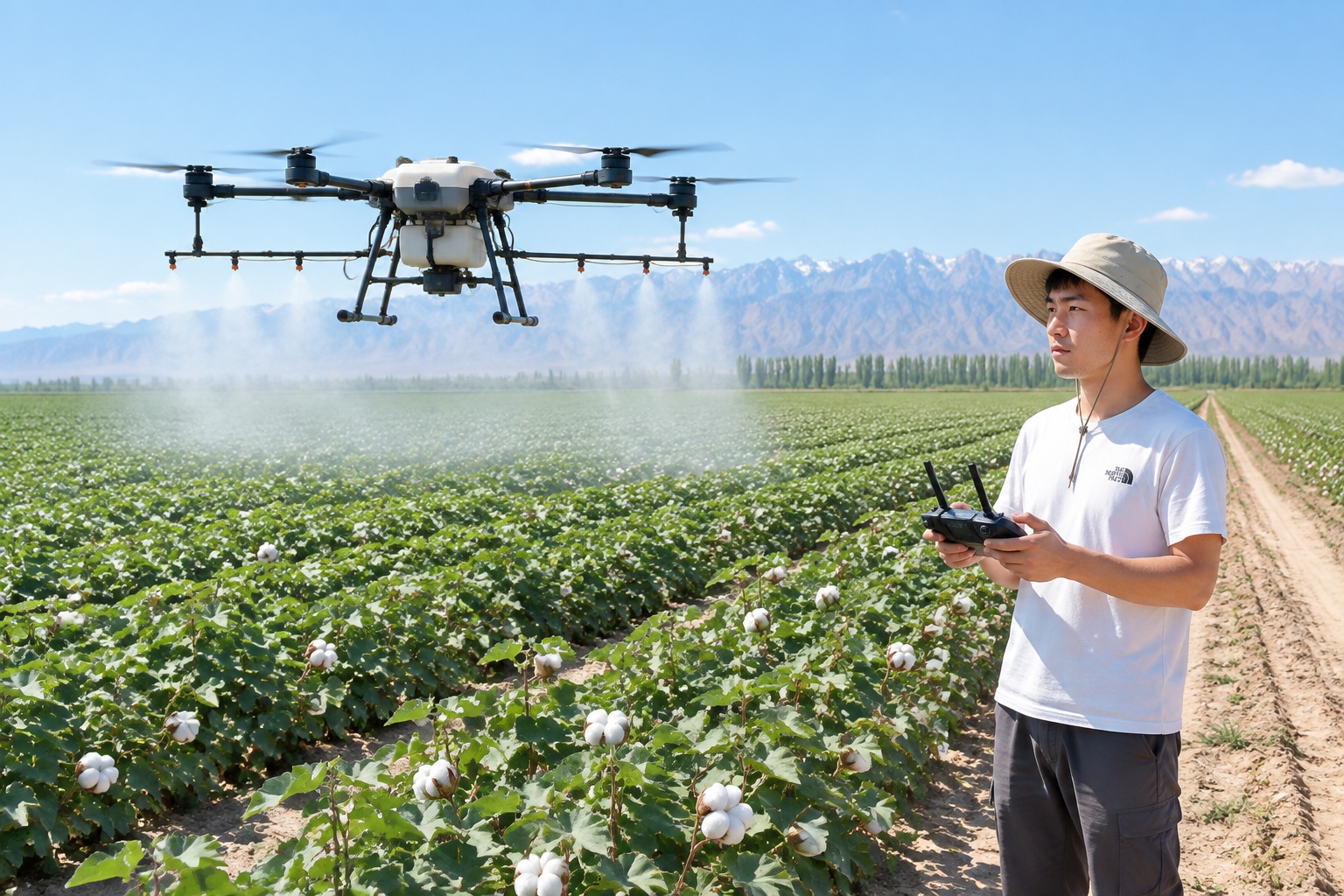 500 Mu, One Phone: A Day in the Life of a Xinjiang Farm Machine Operator 26 An agricultural drone spraying a cotton field in Xinjiang while a young pilot in a sun hat controls it from the edge of the field
