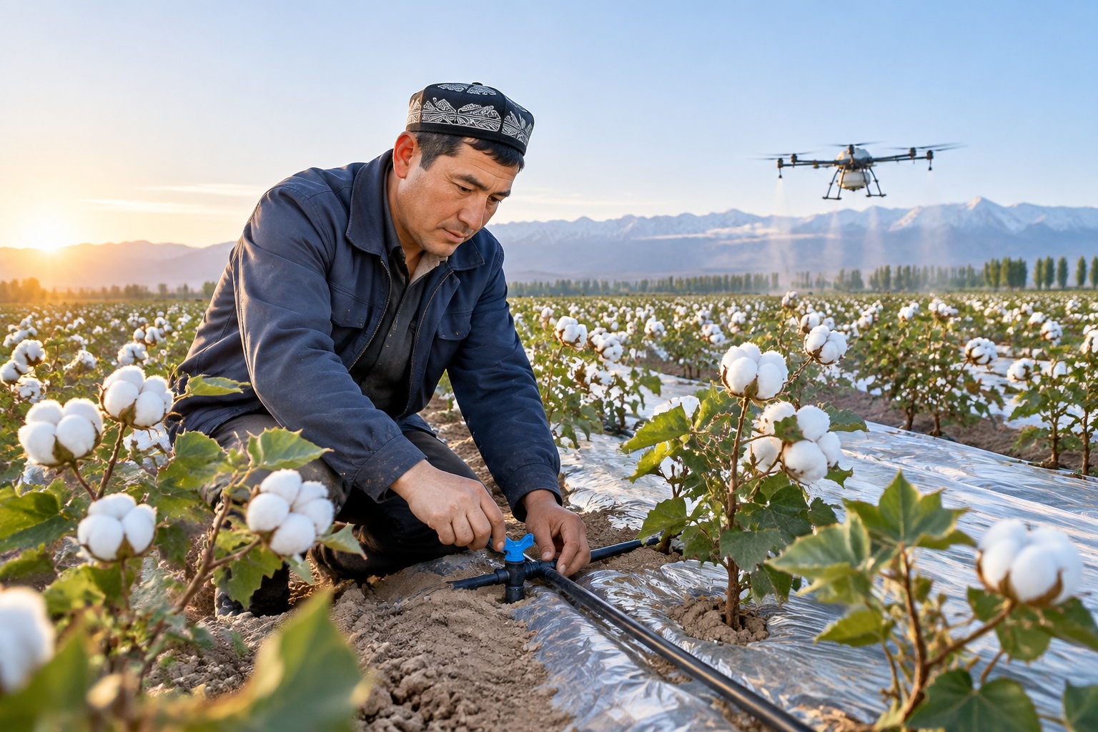 A farmer checks a drip irrigation valve in a Xinjiang cotton field at sunrise while a drone flies over the rows.