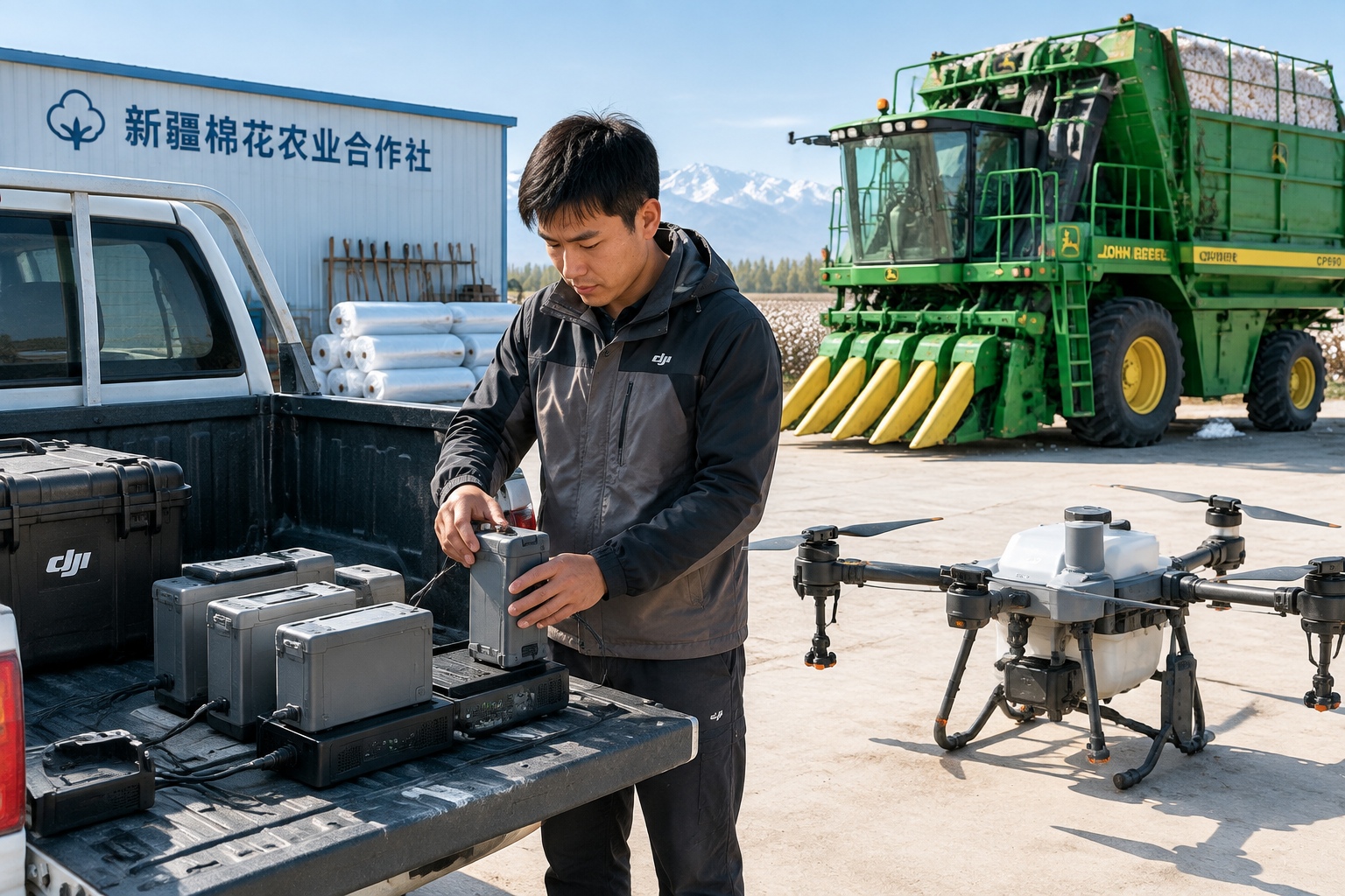 A young drone pilot charges batteries in a cooperative yard beside a parked cotton picker in Xinjiang.