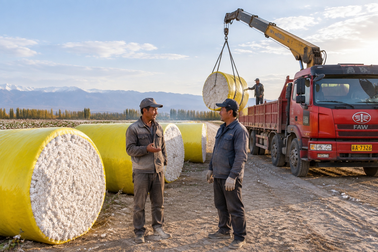 Round cotton modules wrapped in plastic wait at the edge of a Xinjiang field as a truck crane loads one.