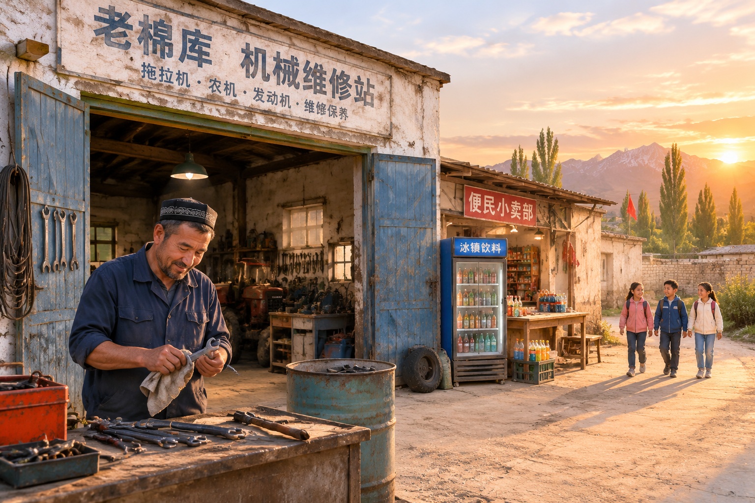 A mechanic works in a former cotton warehouse turned repair shed in a Xinjiang village at dusk.