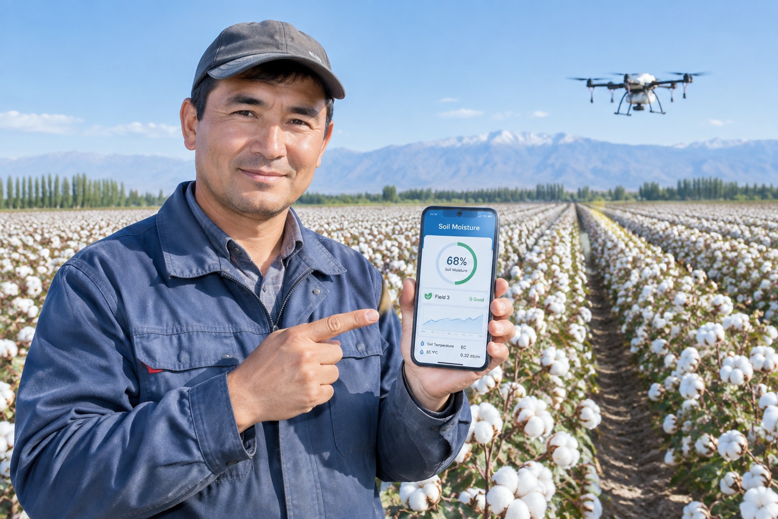 Farmer in Xinjiang checking soil moisture data on a smartphone app in a cotton field.