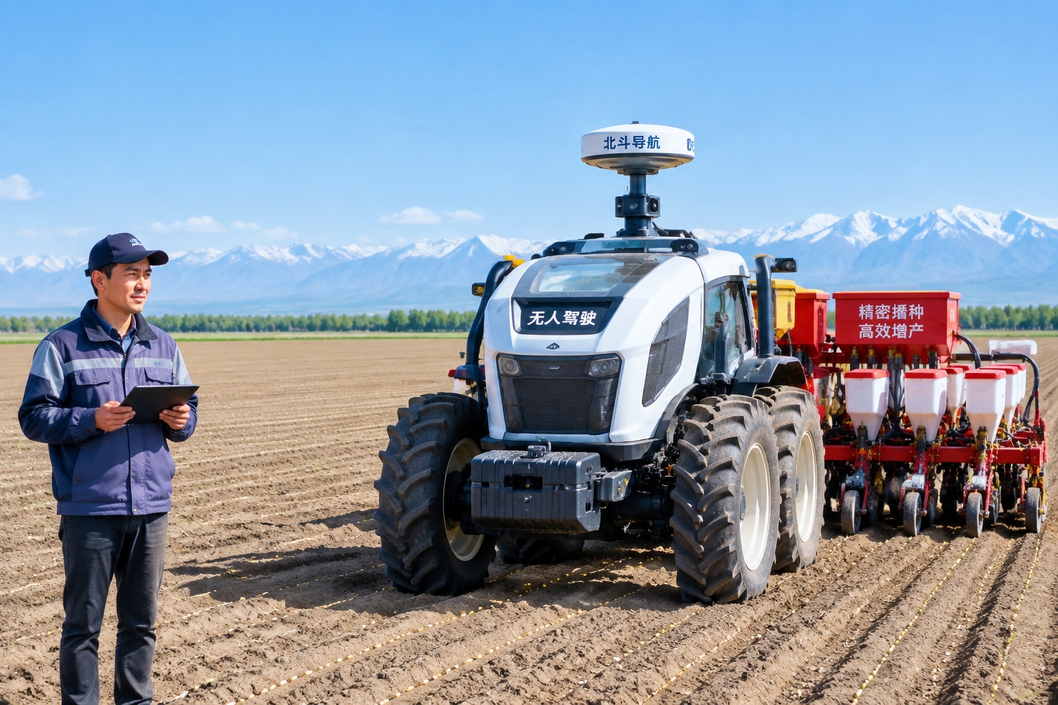 Autonomous tractor equipped with BeiDou navigation system working in a large field in Xinjiang.