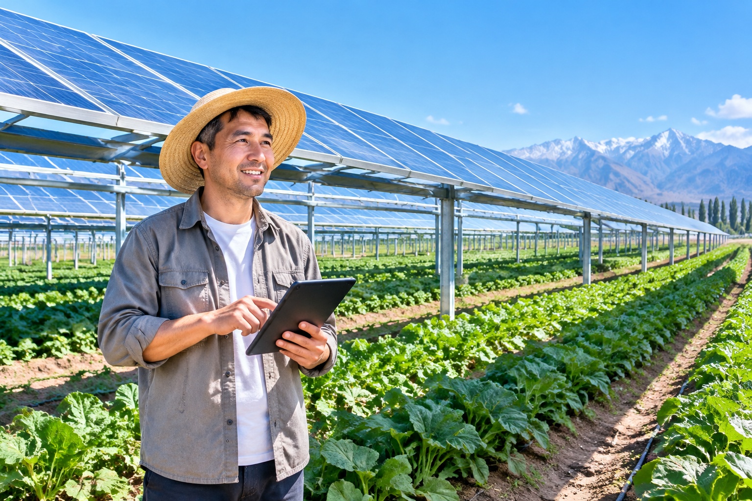 Solar panels installed above rows of crops in Xinjiang, combining renewable energy with agriculture.