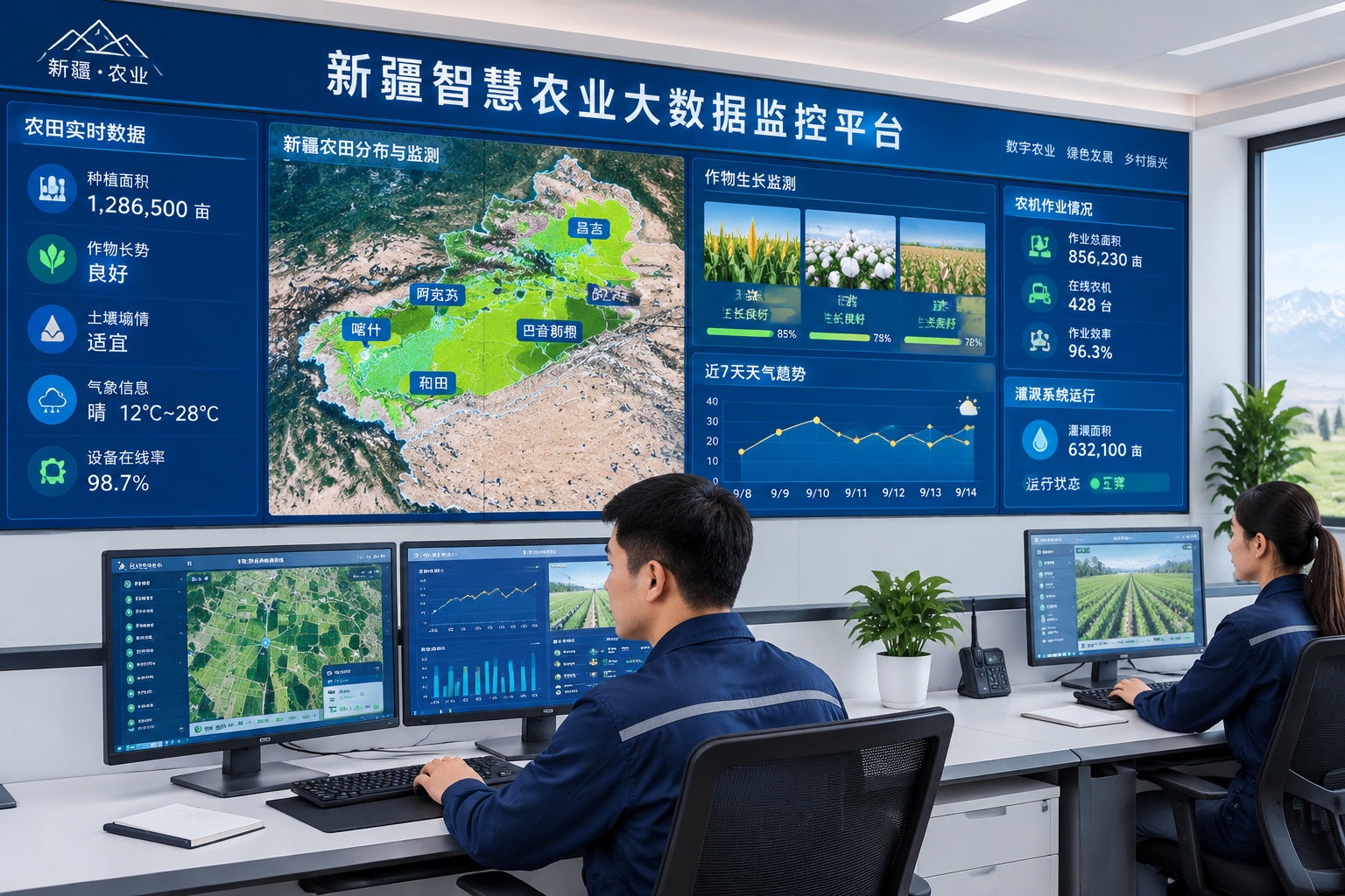 Agricultural control room with large screens showing real-time data from farms in Xinjiang.