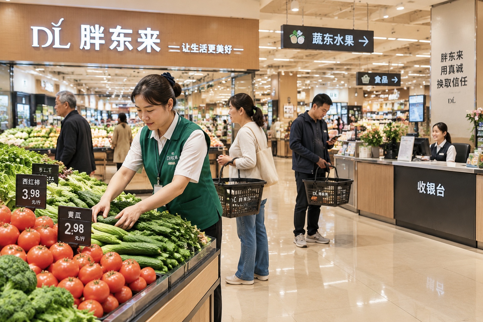 A Chinese Grocery Chain Tells Suppliers: Provide Social Insurance and Two Days Off a Week—or Lose the Contract 22 Staff in a green uniform arranging fresh vegetables inside a busy Chinese supermarket while a seated cashier works at a checkout counter in the background