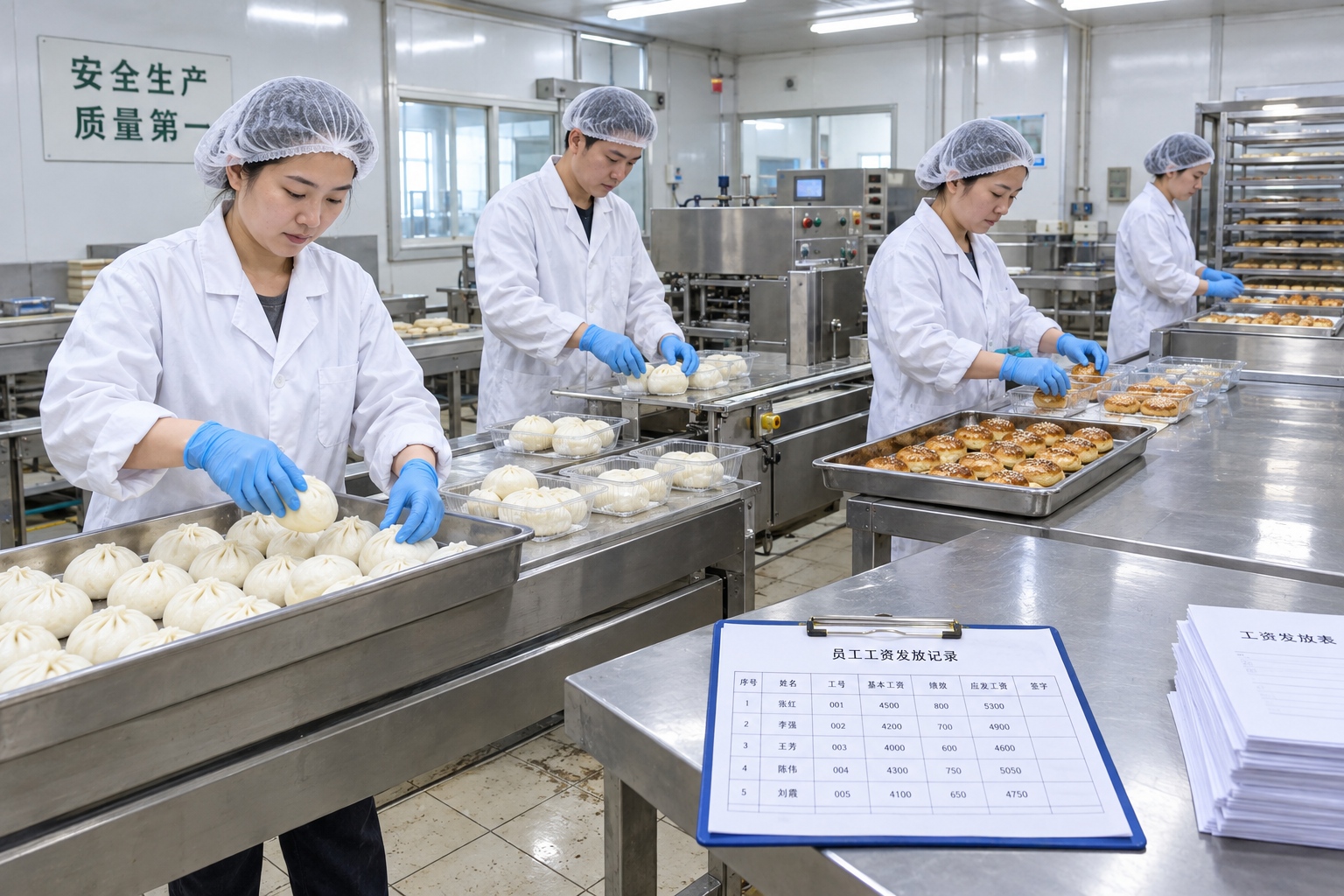 A Chinese Grocery Chain Tells Suppliers: Provide Social Insurance and Two Days Off a Week—or Lose the Contract 23 Workers in white coats and hairnets packing steamed buns on a stainless steel line in a small Chinese food factory, with payroll paperwork on a nearby table