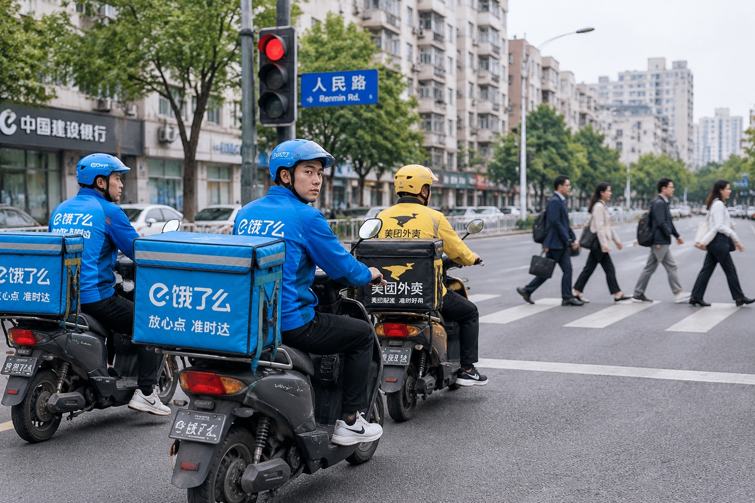 A Chinese Grocery Chain Tells Suppliers: Provide Social Insurance and Two Days Off a Week—or Lose the Contract 24 Food delivery riders in blue and yellow uniforms waiting at a city traffic light on electric scooters while office workers cross the street behind them