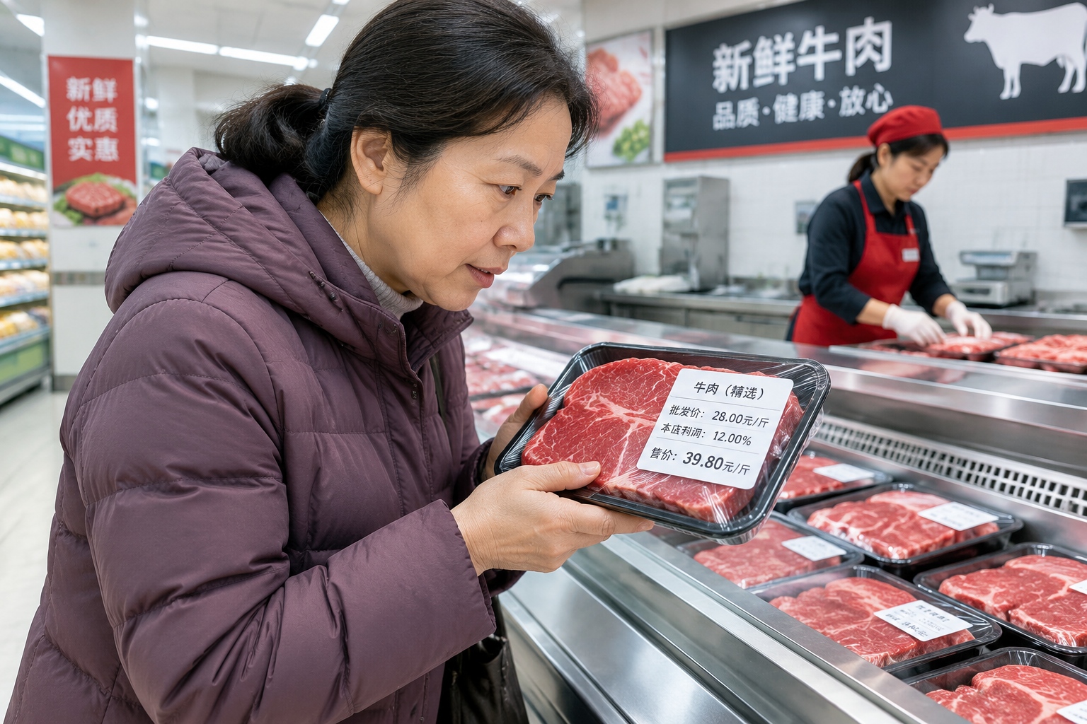 A shopper reading a supermarket price tag that shows both the wholesale cost and the profit margin in Xuchang, Henan province.