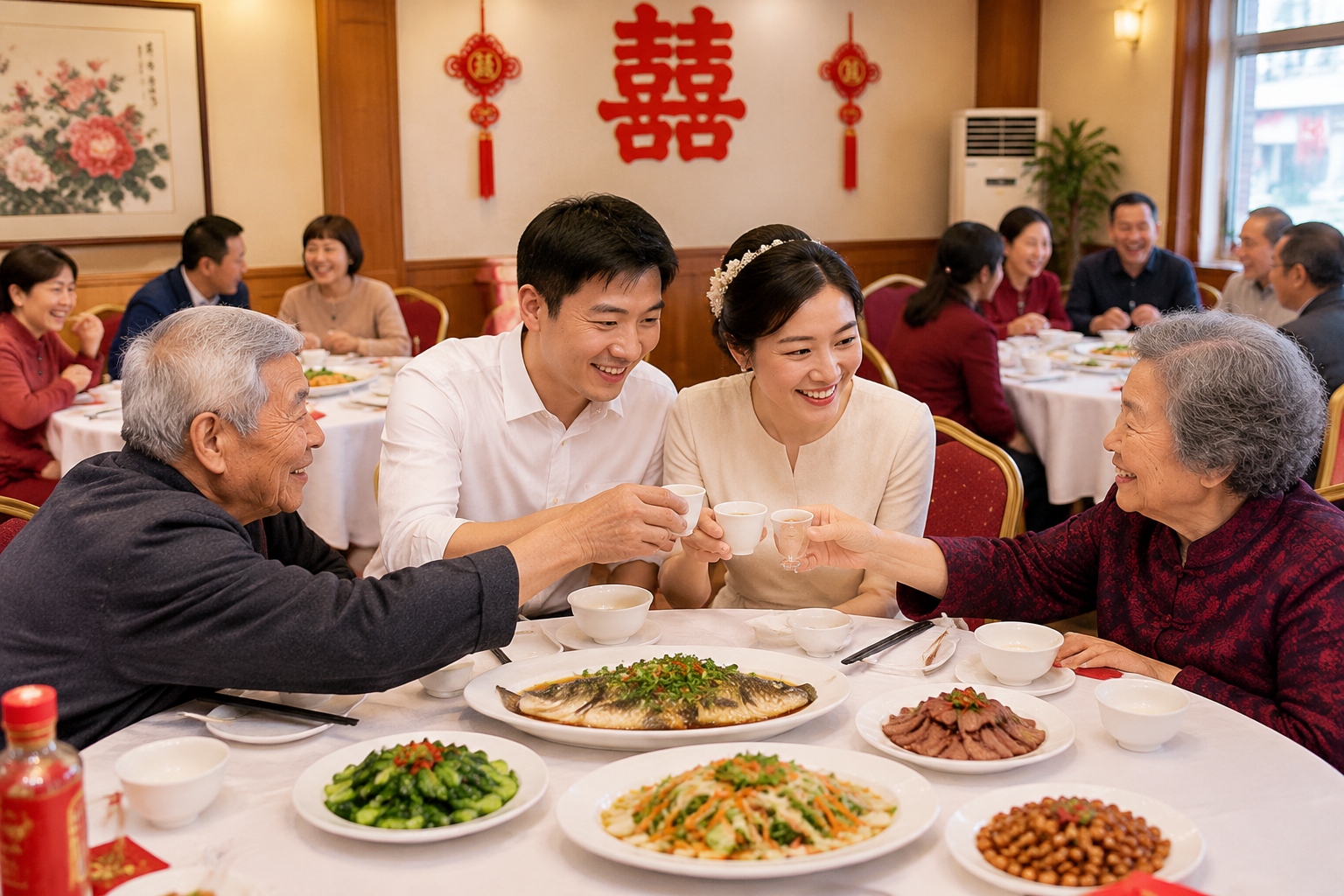 A young Chinese couple toasting their grandparents at a small wedding banquet with about five round tables in a neighbourhood restaurant.