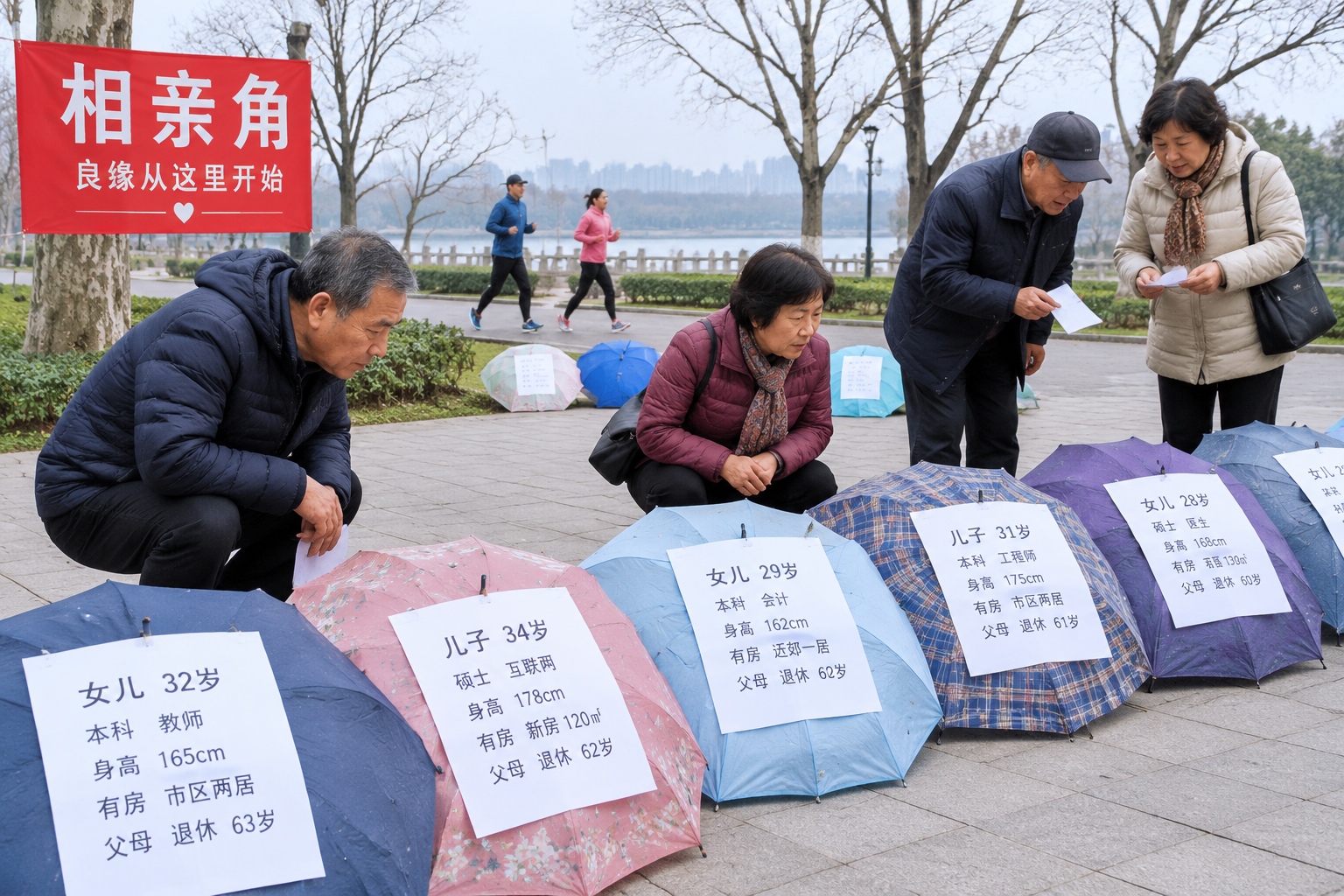 Parents reading handwritten notes about their adult children's ages, jobs and housing at a park matchmaking corner in China.