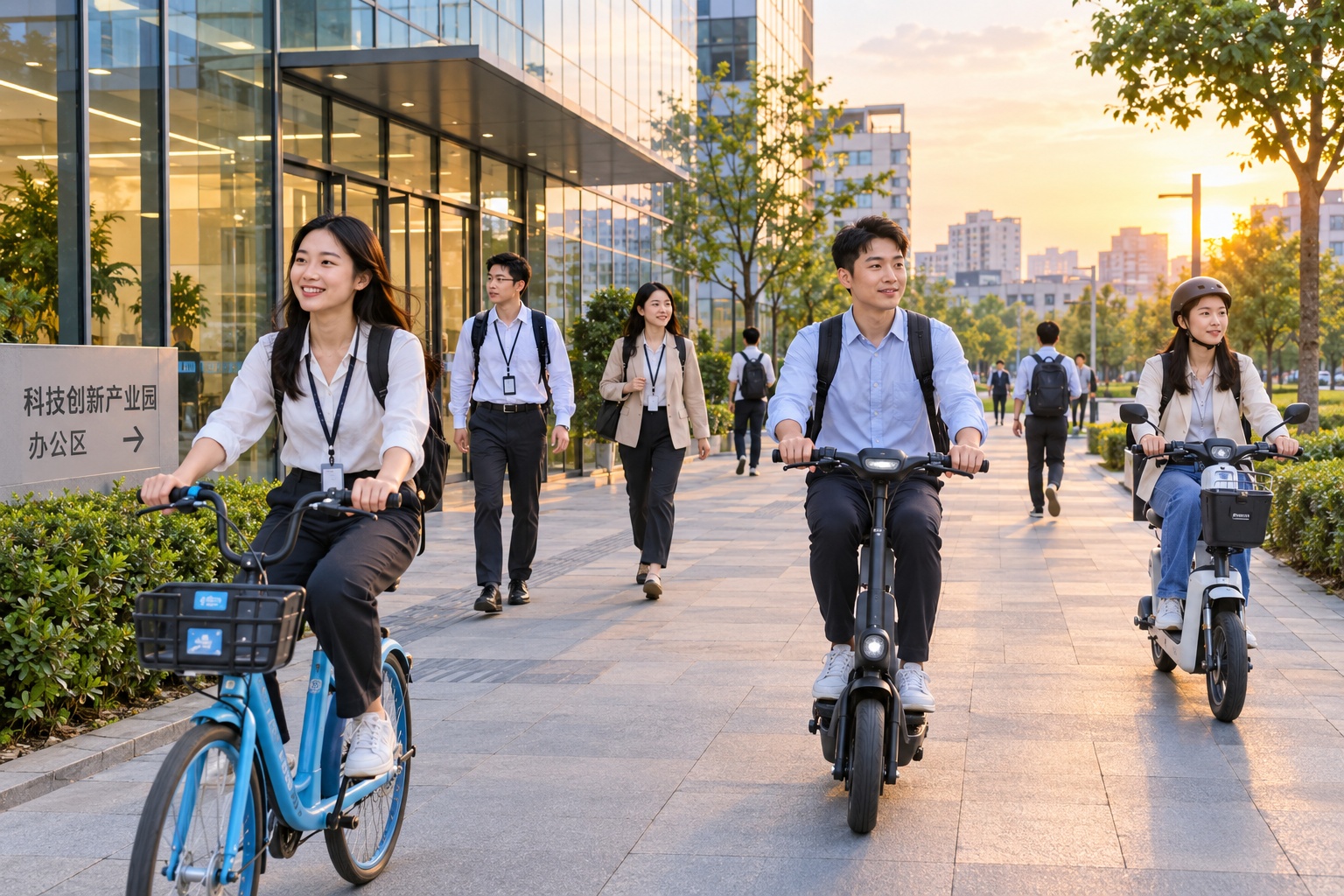 Office workers in a Chinese city leaving their office park by bicycle and electric scooter at the end of a working day.