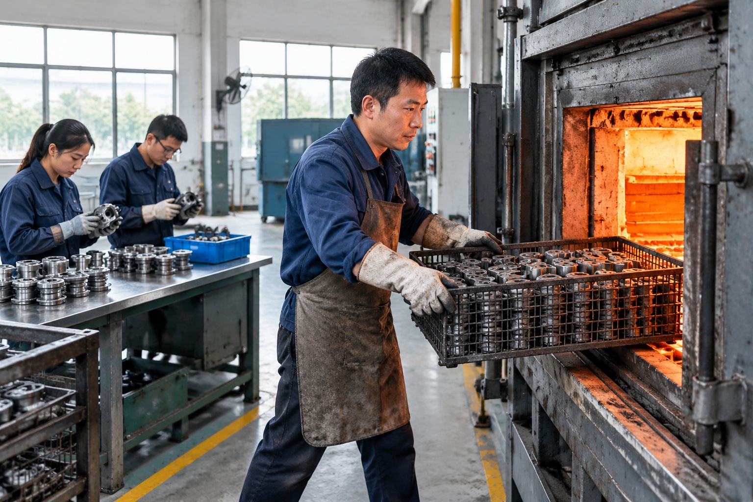 One Street, One Supply Chain: How Taicang Became Home to 560 German Companies 23 Worker loading a basket of steel parts into an industrial heat-treatment furnace in Taicang, China