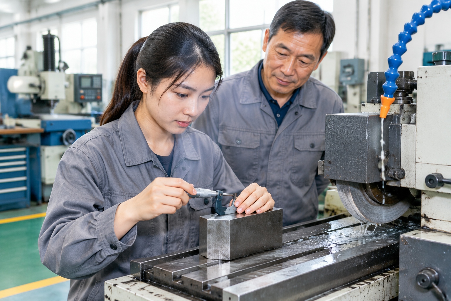 One Street, One Supply Chain: How Taicang Became Home to 560 German Companies 24 Young apprentice measuring a steel block with a micrometer at a surface grinder in a Taicang machine-tool factory