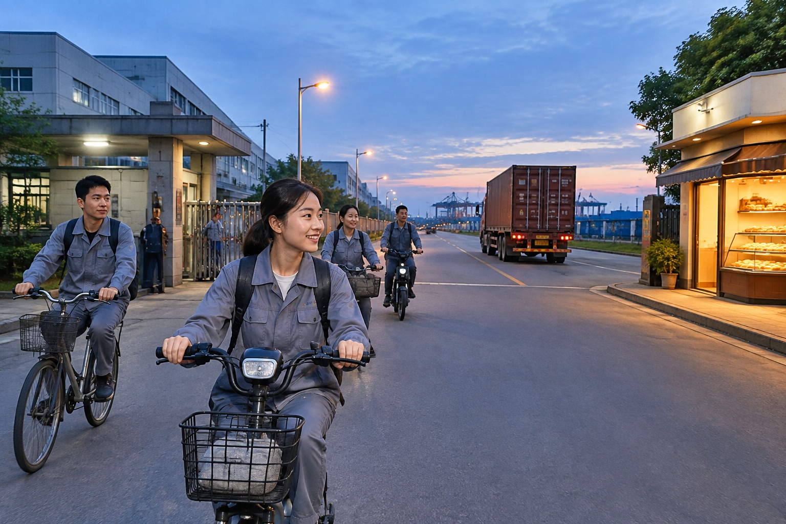 One Street, One Supply Chain: How Taicang Became Home to 560 German Companies 25 Evening shift change outside a factory in Taicang with workers on bicycles and a container truck heading to the port