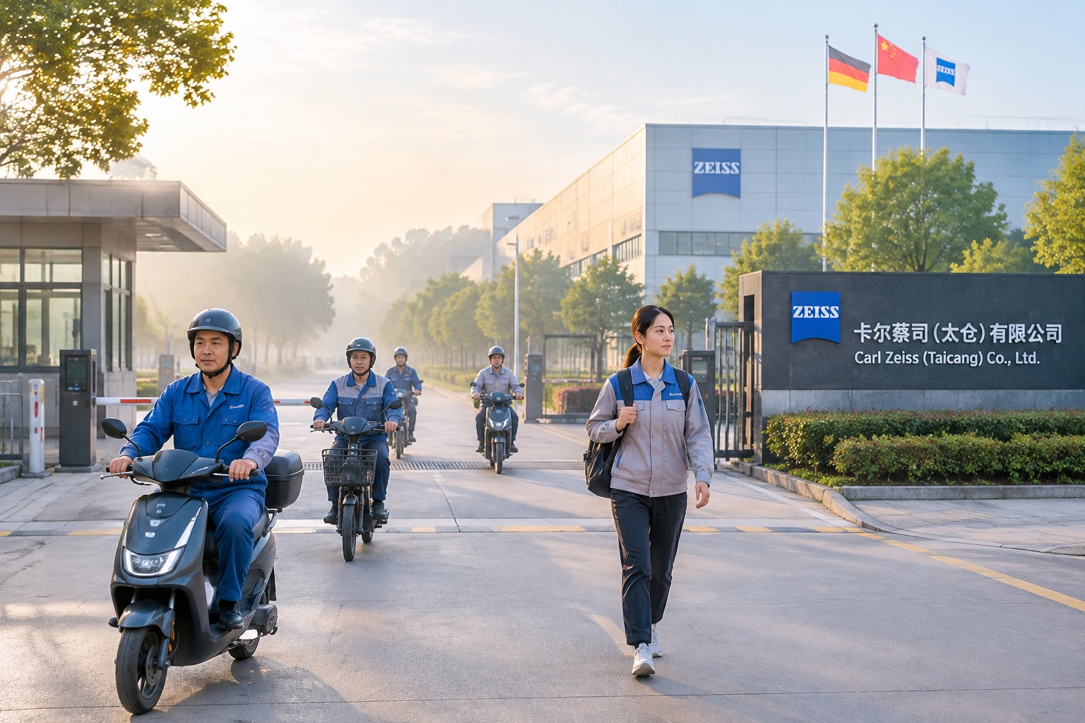 Workers arriving on electric bikes at the gate of a German-owned factory in Taicang, China, early in the morning