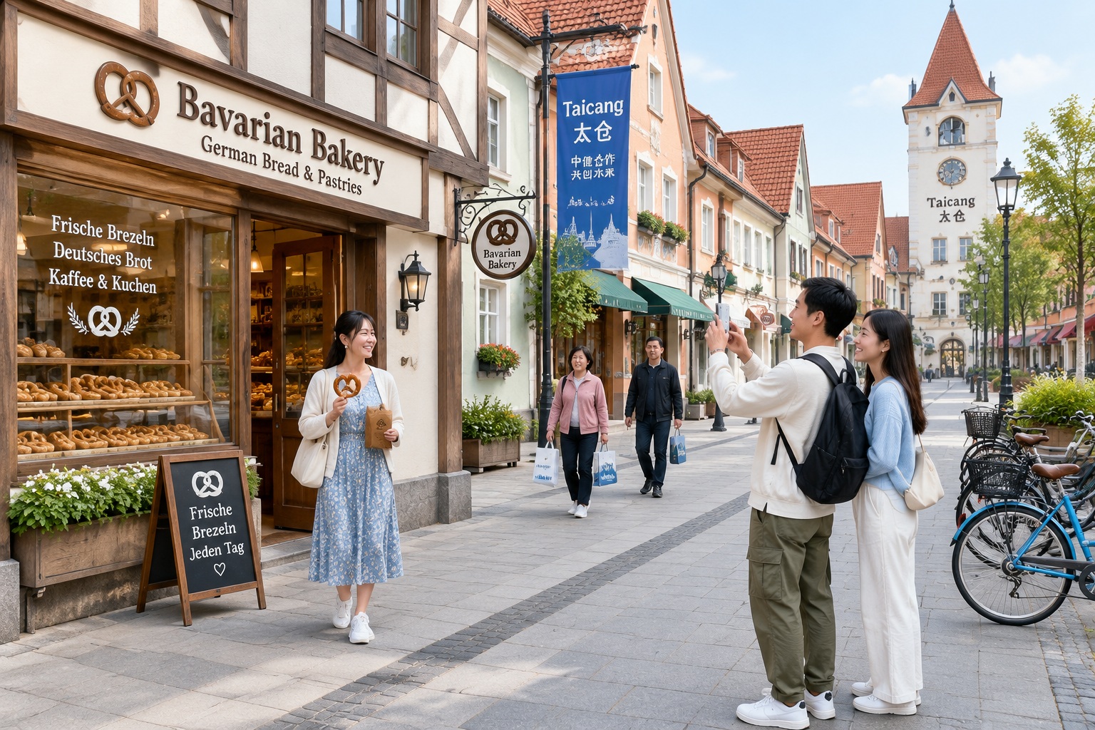 Chinese shoppers walking along a Bavarian-style street with a German bakery in Taicang, Jiangsu province