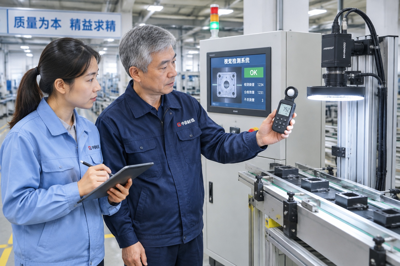 A Chinese electrical technician measures the ring light above a vision inspection camera with a light meter on a factory line