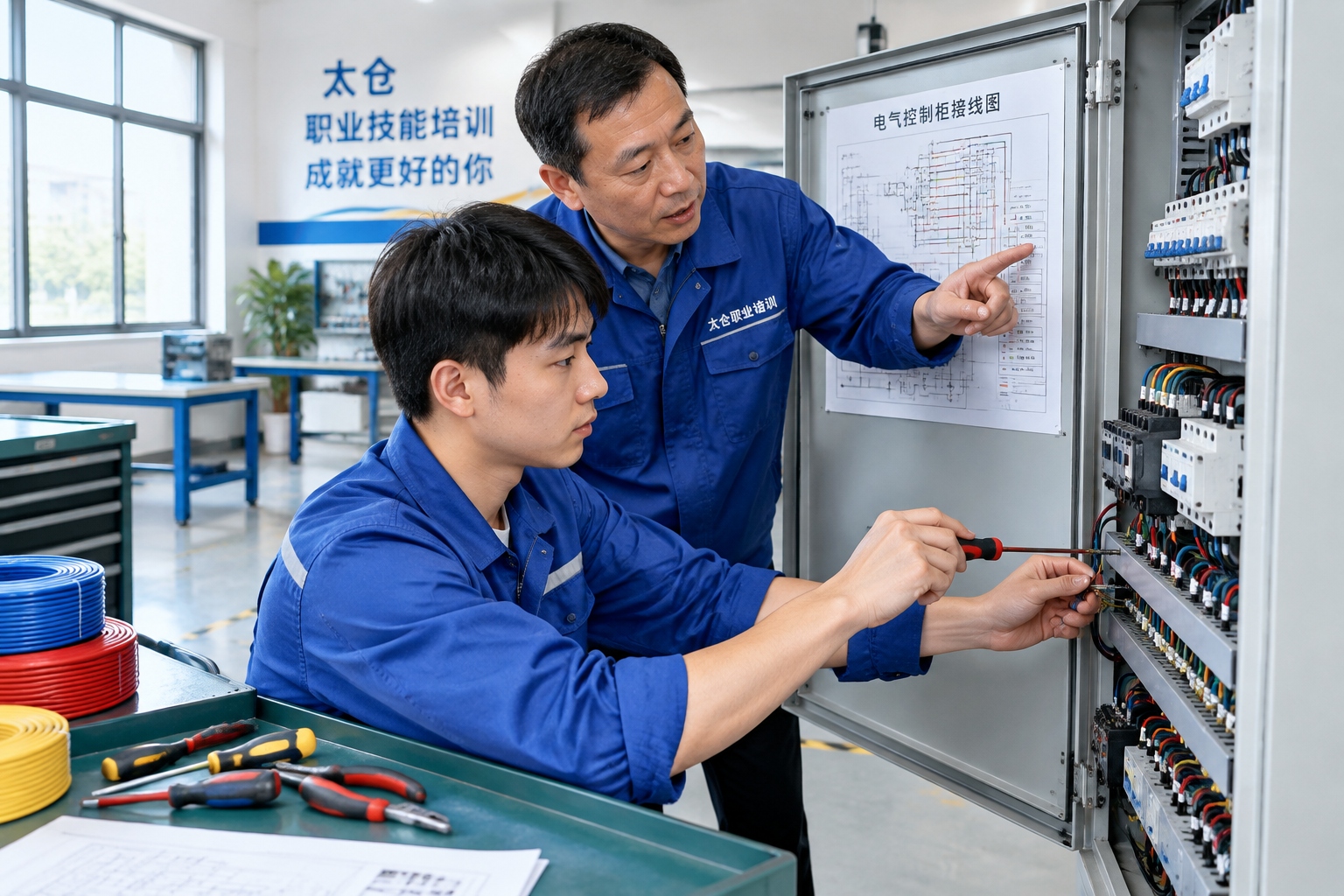 A nineteen-year-old apprentice wiring an electrical control cabinet while an instructor points at a wiring diagram in a Taicang training workshop