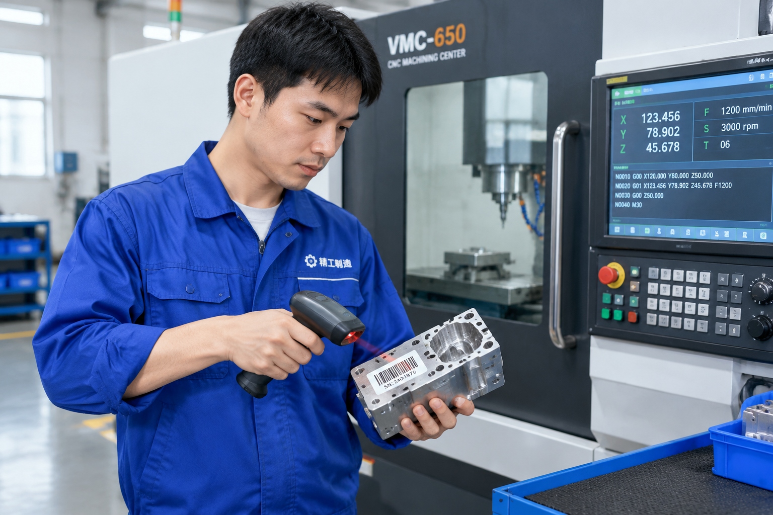 Technician in blue overalls scanning a barcode on a metal workpiece next to a CNC machining center in a Taicang factory