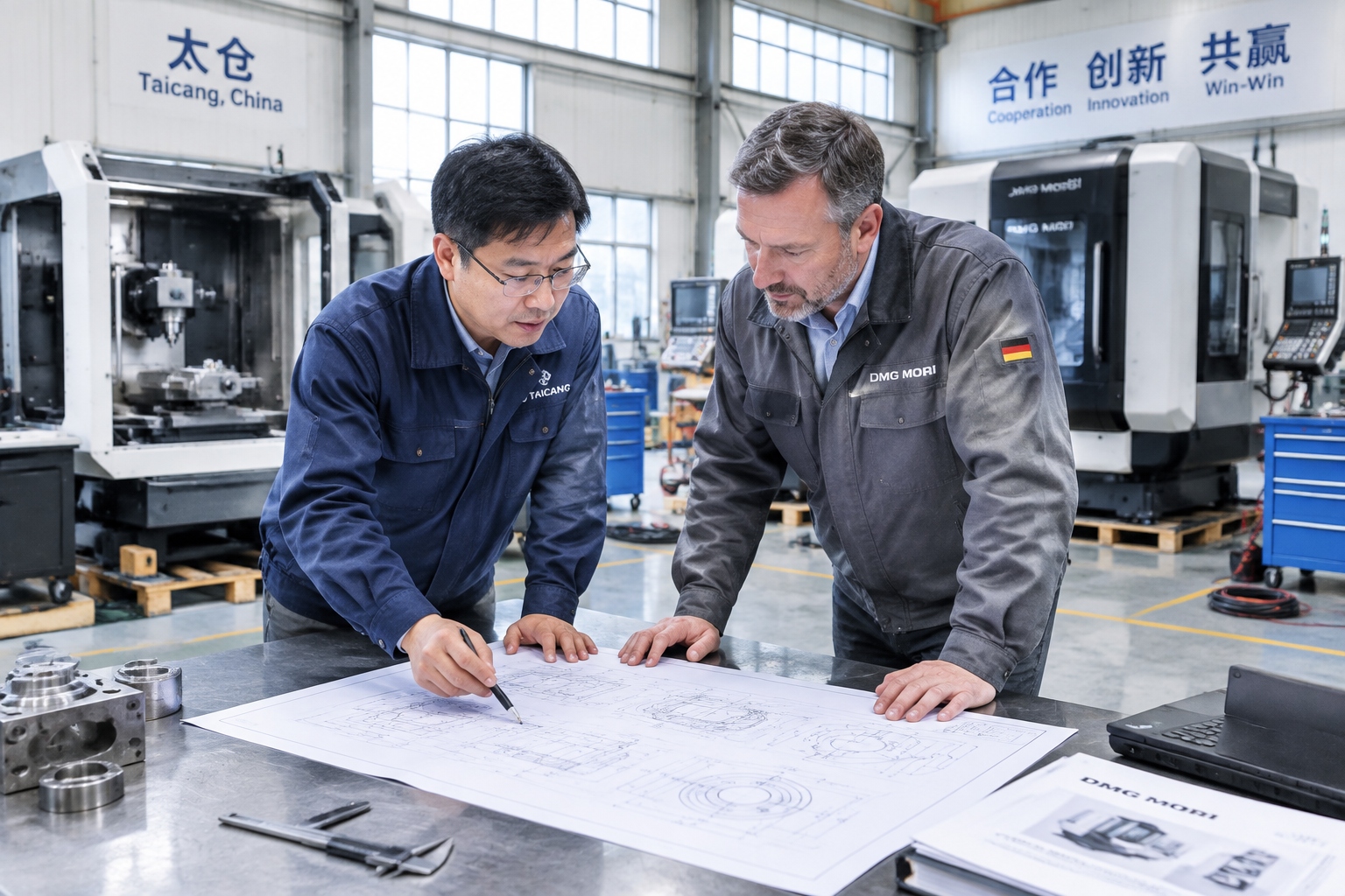 Chinese and German engineers reviewing a technical drawing on the assembly floor of a machine-tool plant in Taicang
