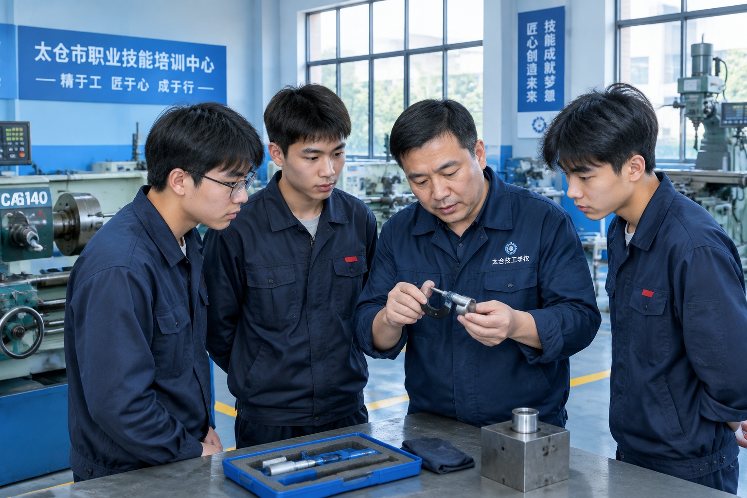 Young Chinese apprentices at a vocational training center in Taicang learning to measure a metal part with a micrometer
