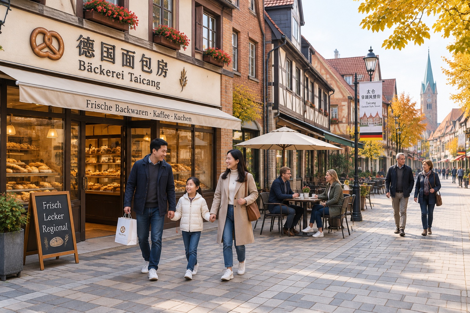 German-style street in Taicang with a bakery and Chinese pedestrians walking past European-style facades