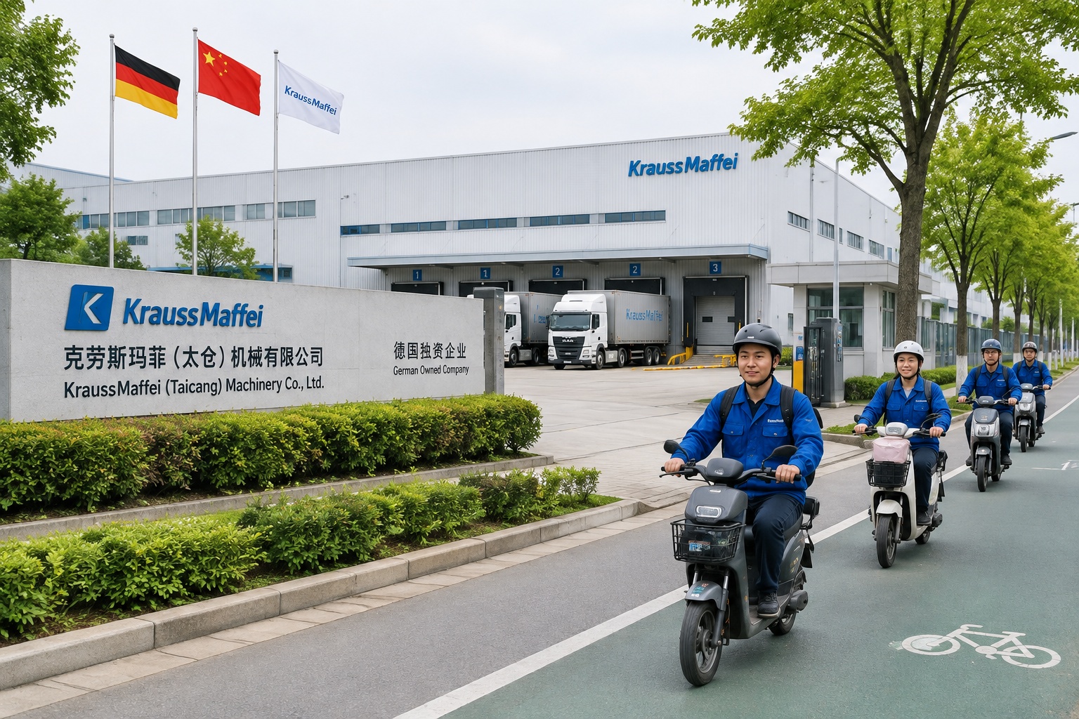 Dozens of Partners Within 4 Kilometers: Why German Hidden Champions Keep Their Factories in Taicang 22 Morning shift arrival at a German-owned factory inside an industrial park in Taicang, China, with trucks at the loading dock and workers on electric scooters