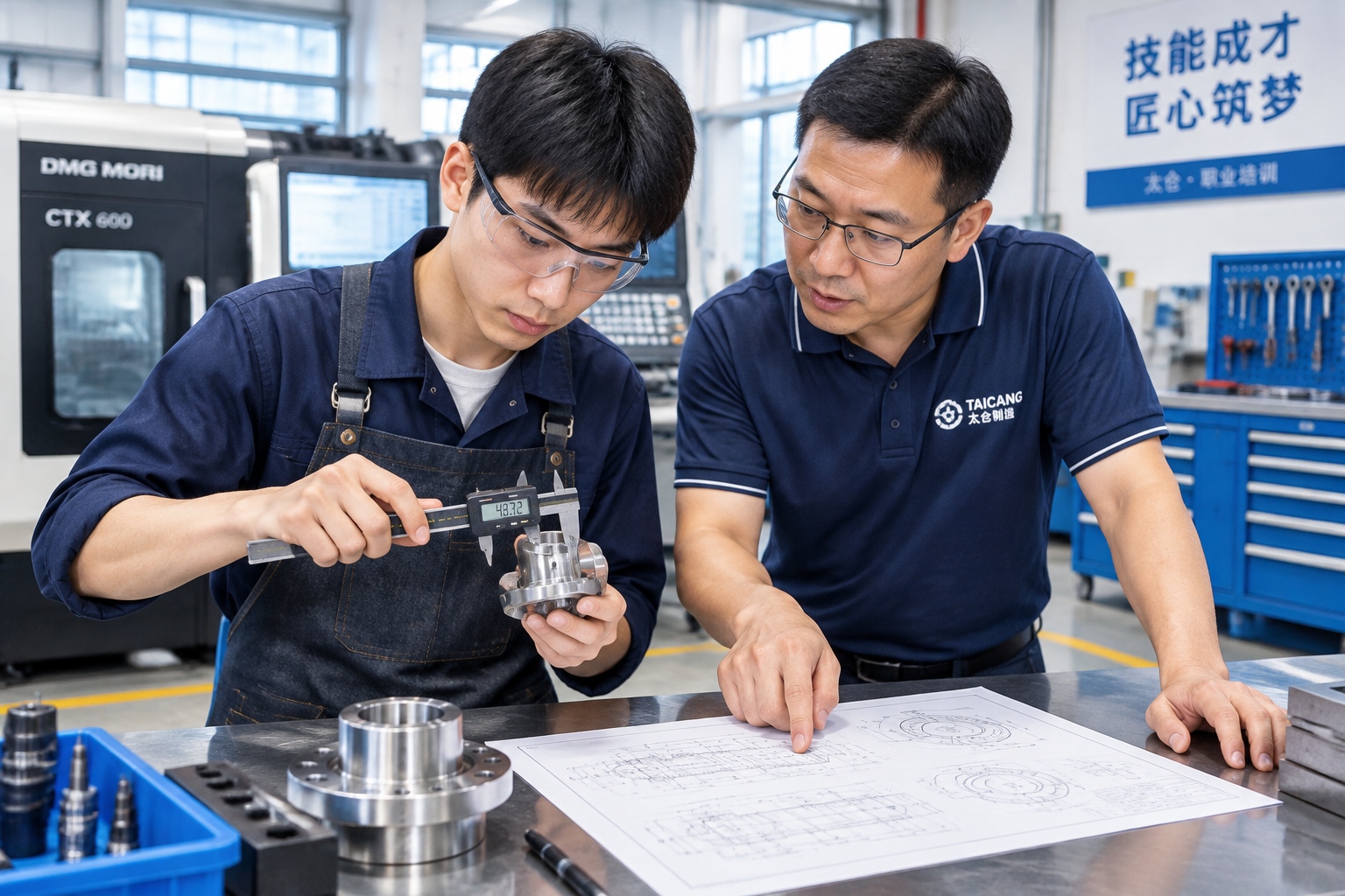 Dozens of Partners Within 4 Kilometers: Why German Hidden Champions Keep Their Factories in Taicang 23 A Chinese apprentice measuring a metal part with calipers while an instructor checks a technical drawing in a German-style dual training workshop in Taicang