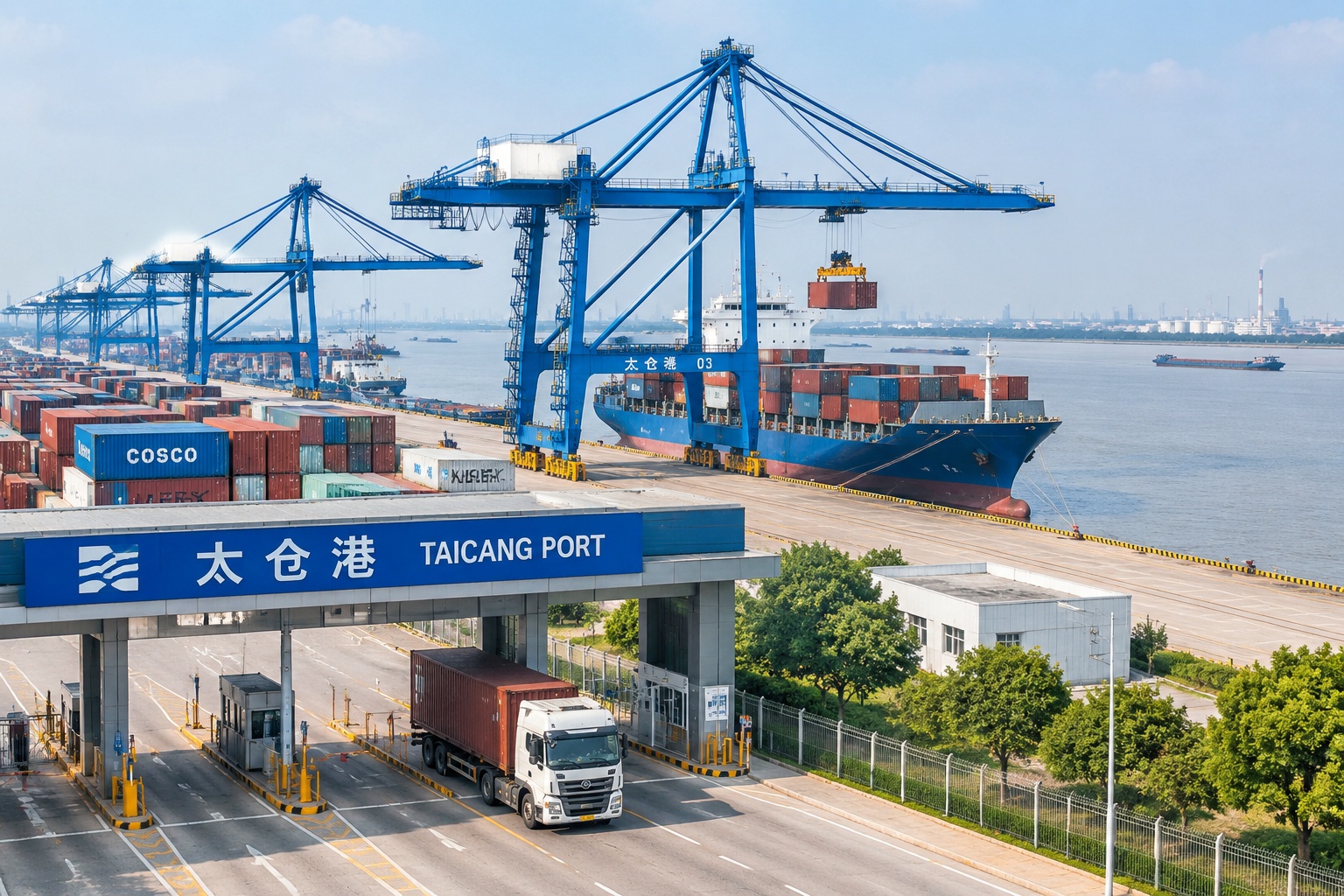 Dozens of Partners Within 4 Kilometers: Why German Hidden Champions Keep Their Factories in Taicang 24 Container terminal at Taicang Port on the Yangtze River, with gantry cranes loading a ship and stacked containers waiting for export