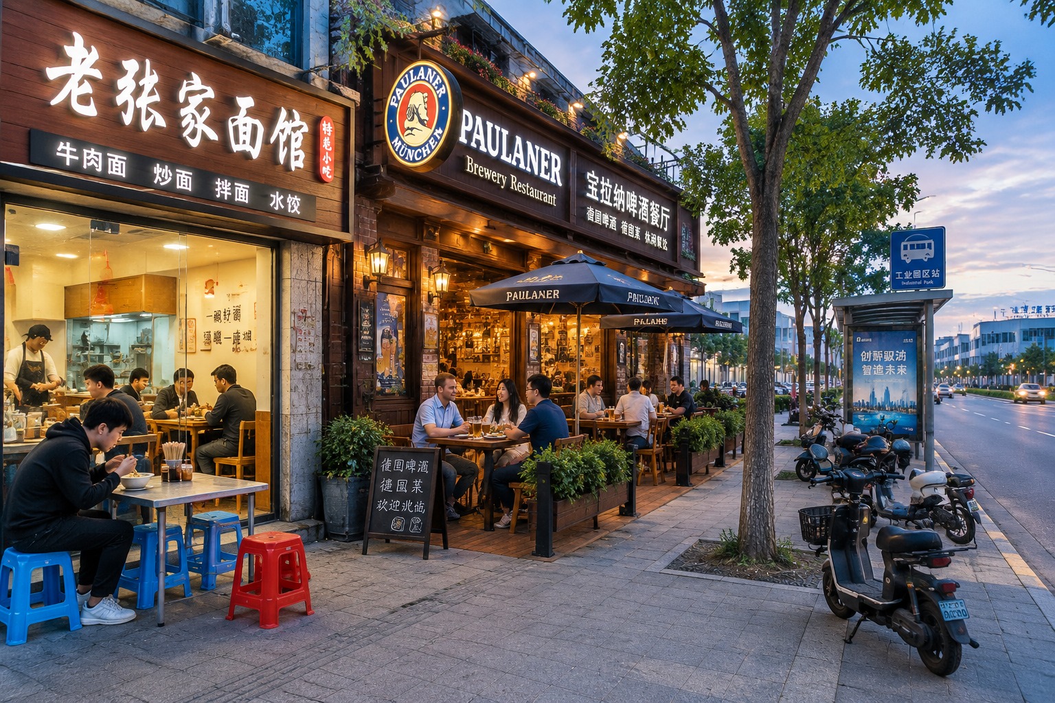 Dozens of Partners Within 4 Kilometers: Why German Hidden Champions Keep Their Factories in Taicang 25 Dusk street scene in Taicang, China with a neighborhood noodle shop and a German-style beer restaurant sharing the same block near an industrial park
