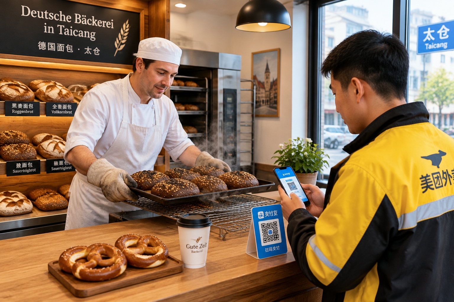 A baker in a white cap arranges dark rye loaves on a cooling rack inside a German-style bakery in Taicang, China, while a customer pays with a phone at the counter.